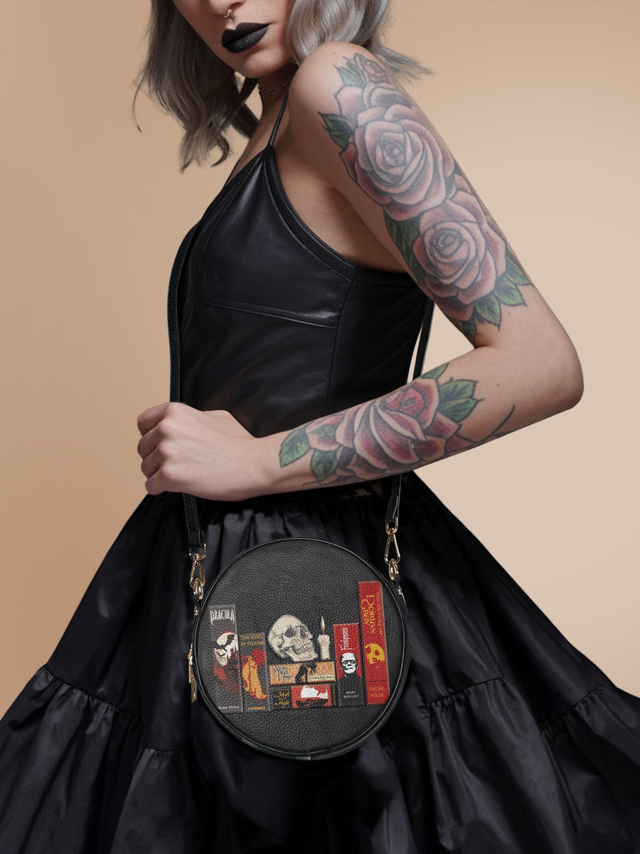 "The Codex of Gothic Tales" Deadlight Black Circle Crossbody Bag