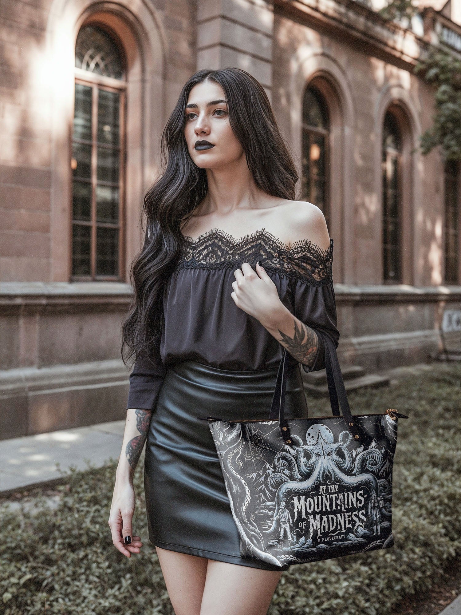 "At The Mountains Of Madness" Leather Tote Bag