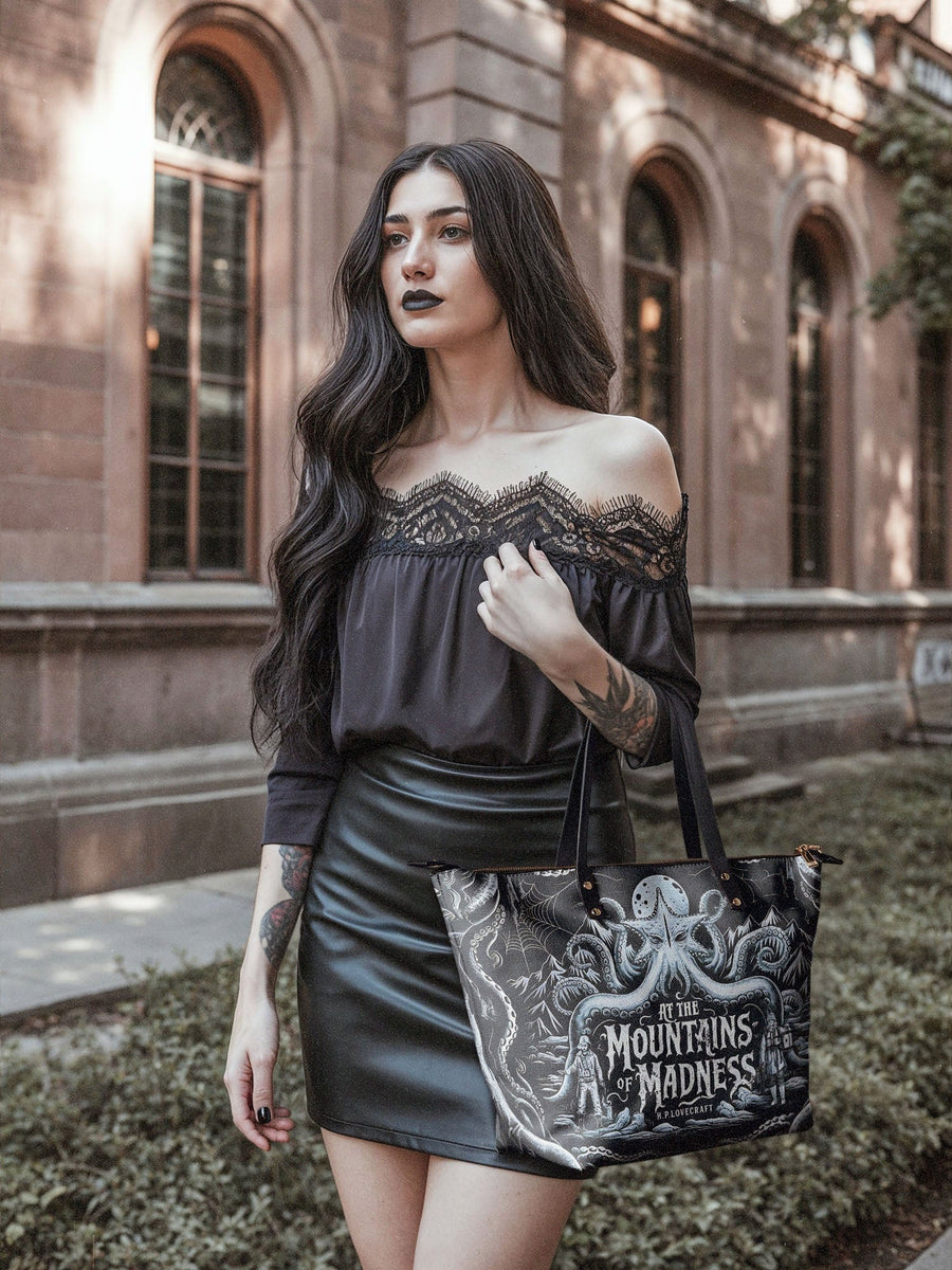 "At The Mountains Of Madness" Leather Tote Bag