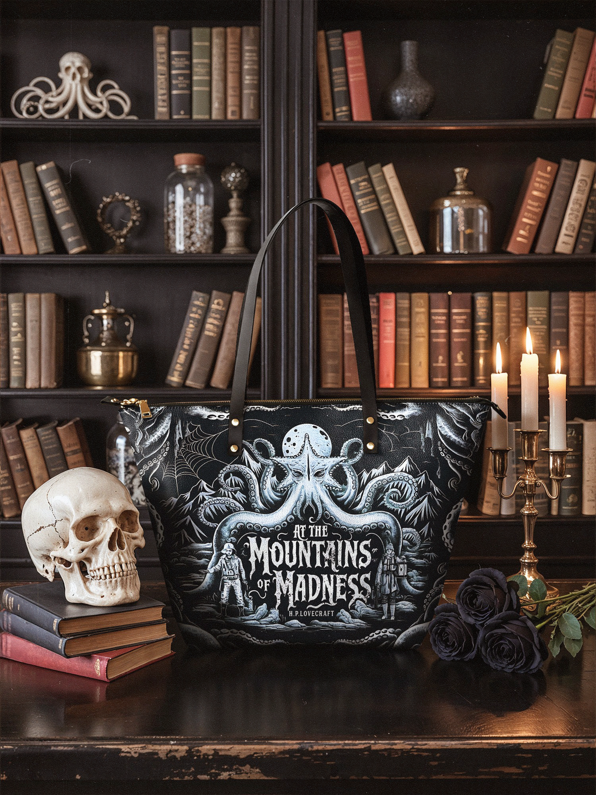 "At The Mountains Of Madness" Leather Tote Bag