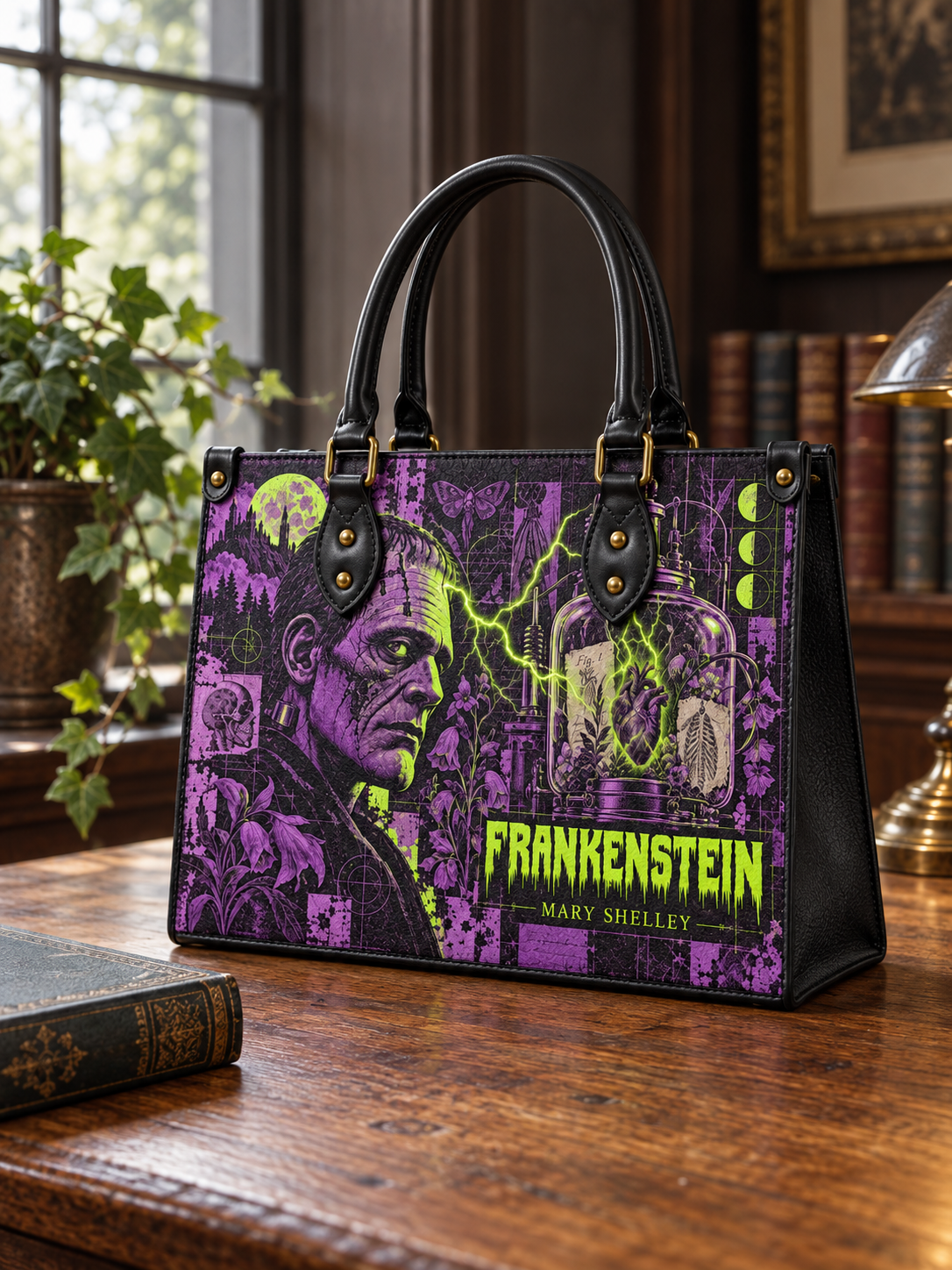 "Frankenstein" Lablight Violet - Black Interior - Leather Handbag