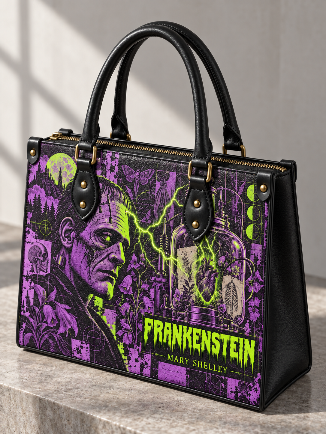 "Frankenstein" Lablight Violet - Black Interior - Leather Handbag