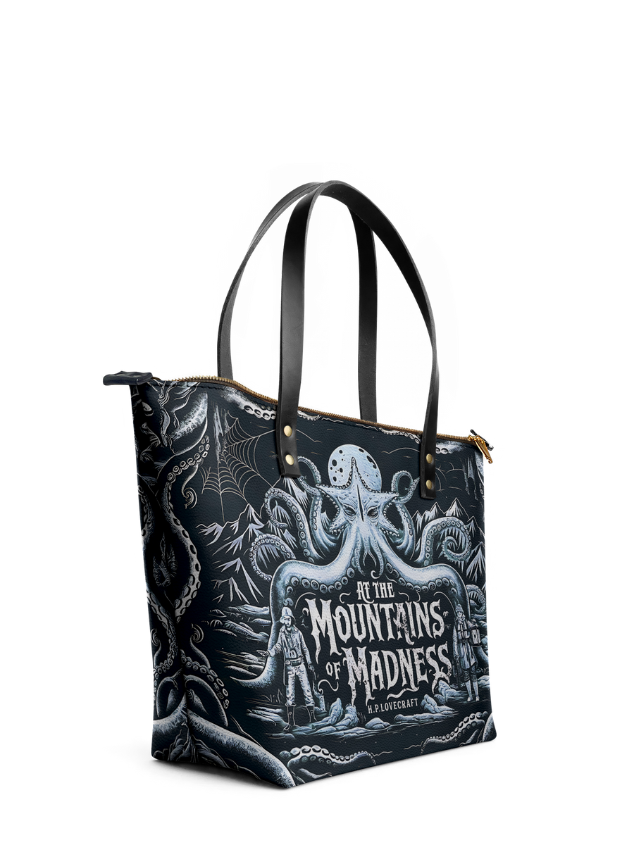 "At The Mountains Of Madness" Leather Tote Bag
