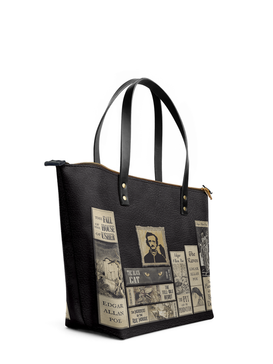 "Poe's Library" Ashen Black Leather Tote Bag
