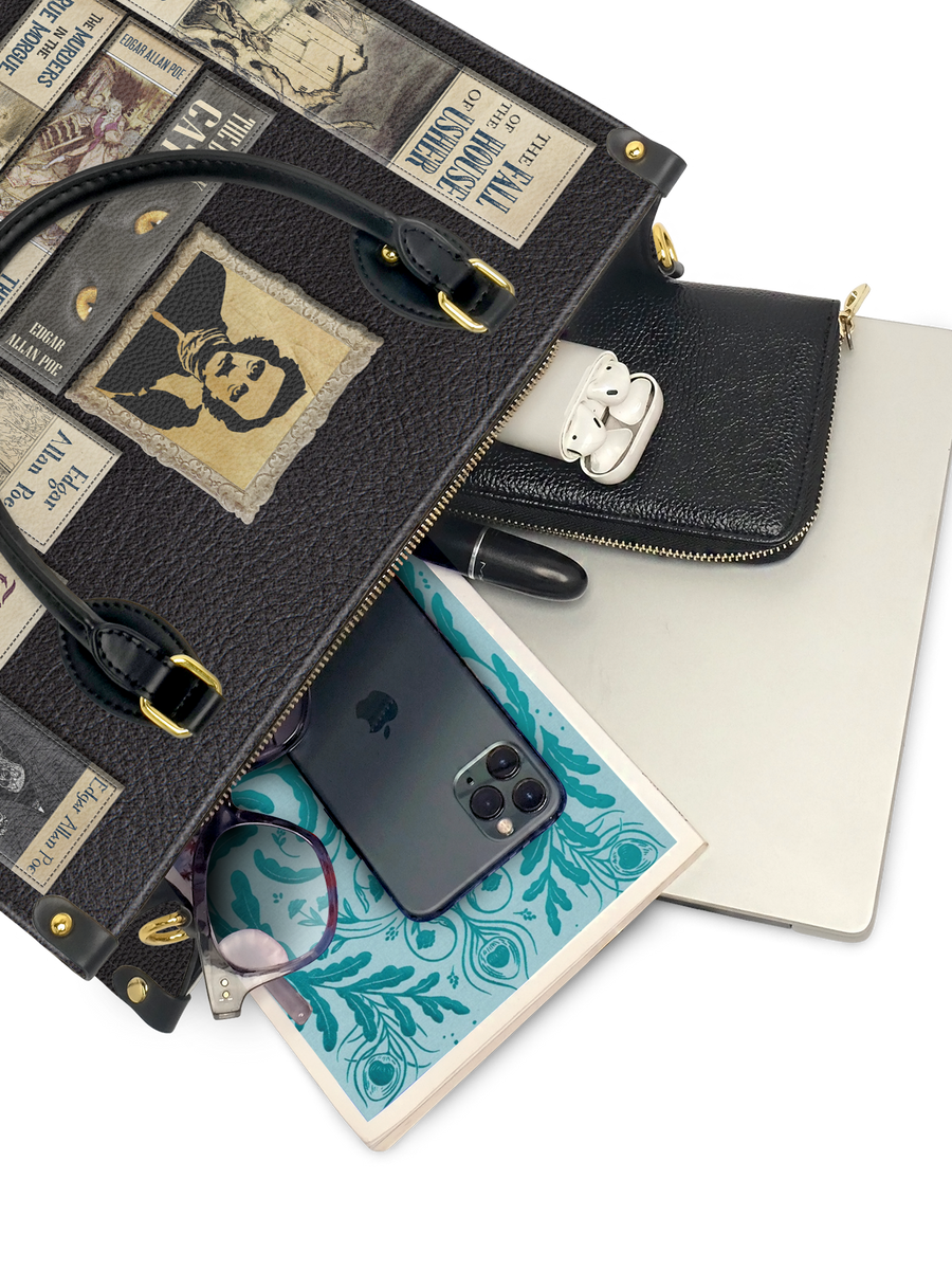 "Poe's Library" Ashen Black Leather Handbag