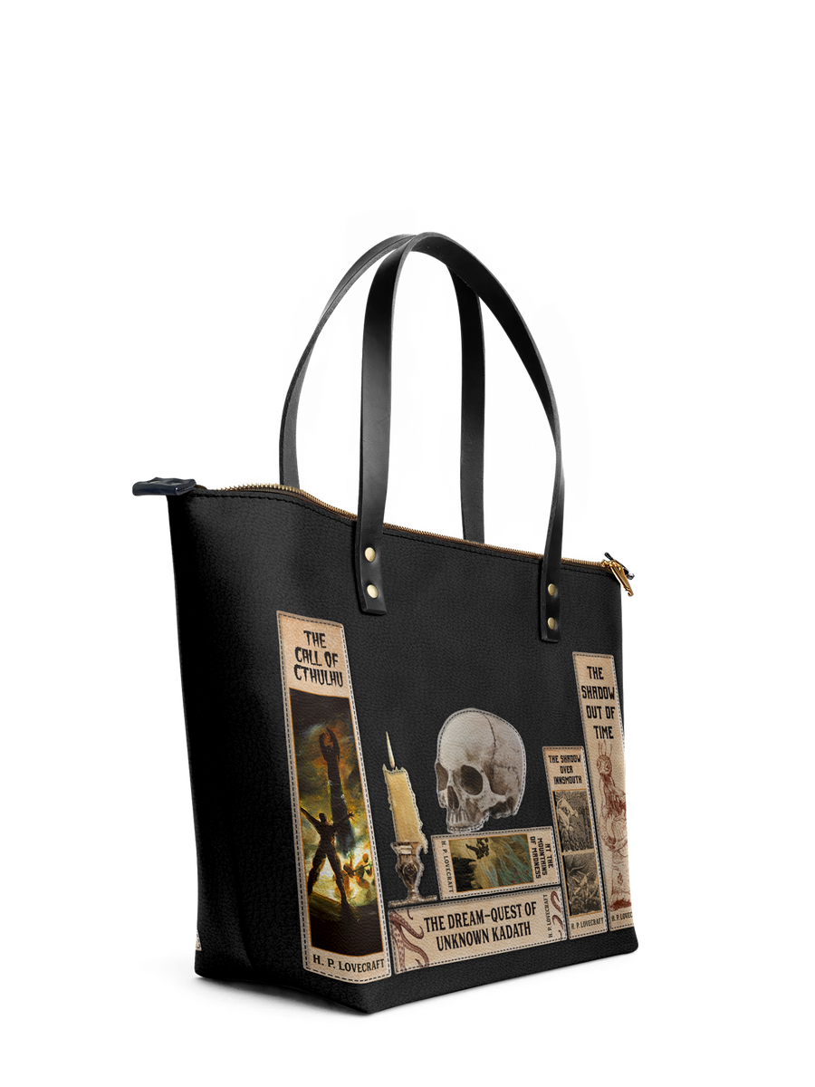 "Lovecraftian" Black Leather Tote Bag