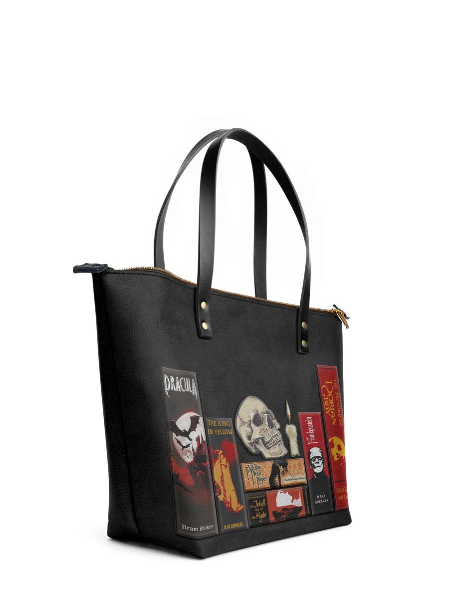 "The Codex of Gothic Tales" Deadlight Black Leather Tote Bag