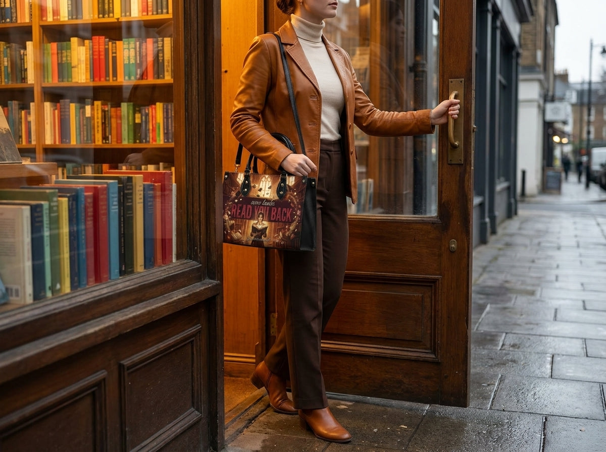 "Read Your Back" Hush Library Leather Handbag - inuse-1