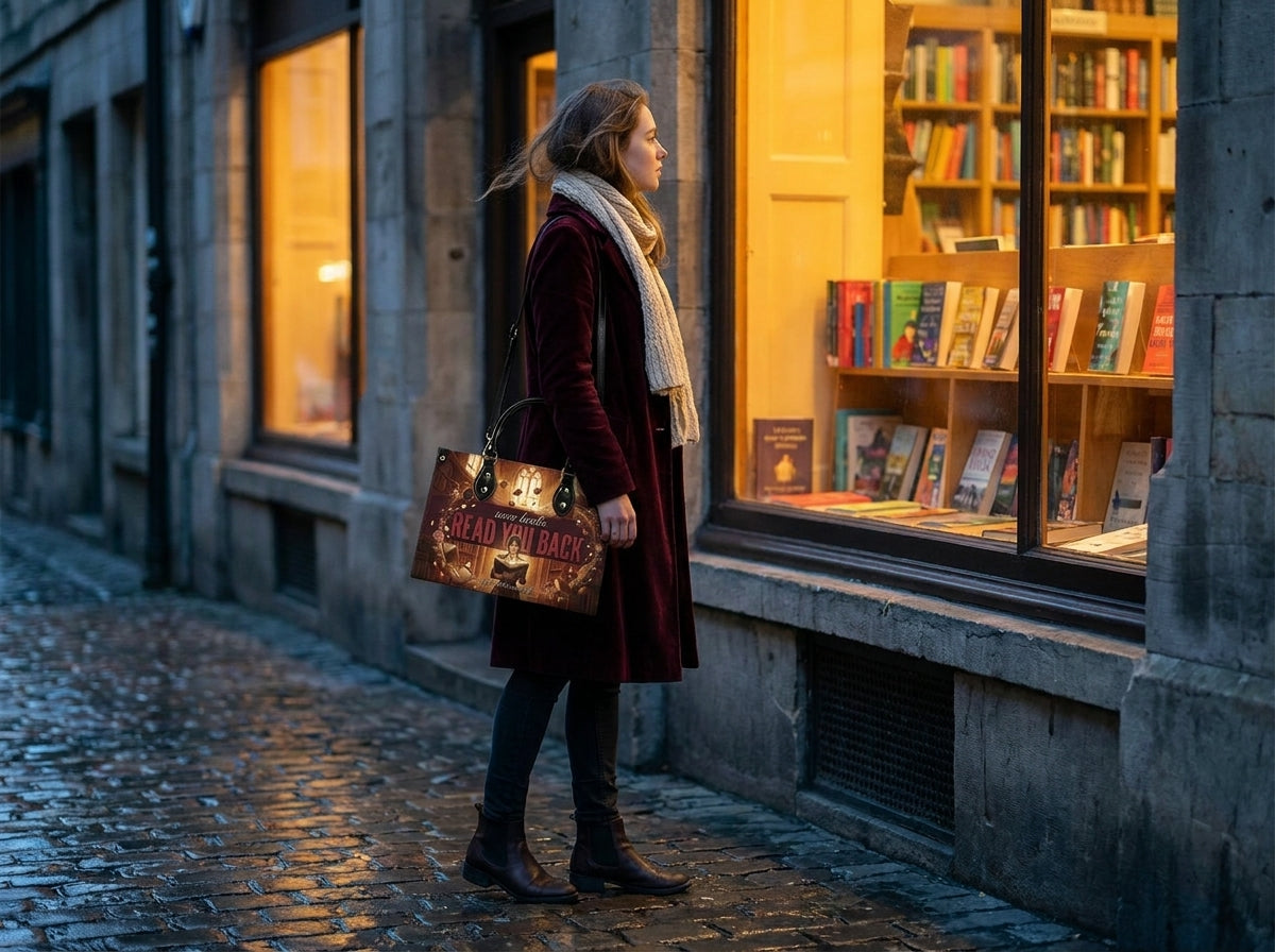"Read Your Back" Hush Library Leather Handbag - inuse-2