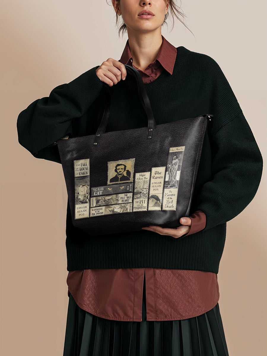 "Poe's Library" Ashen Black Leather Tote Bag