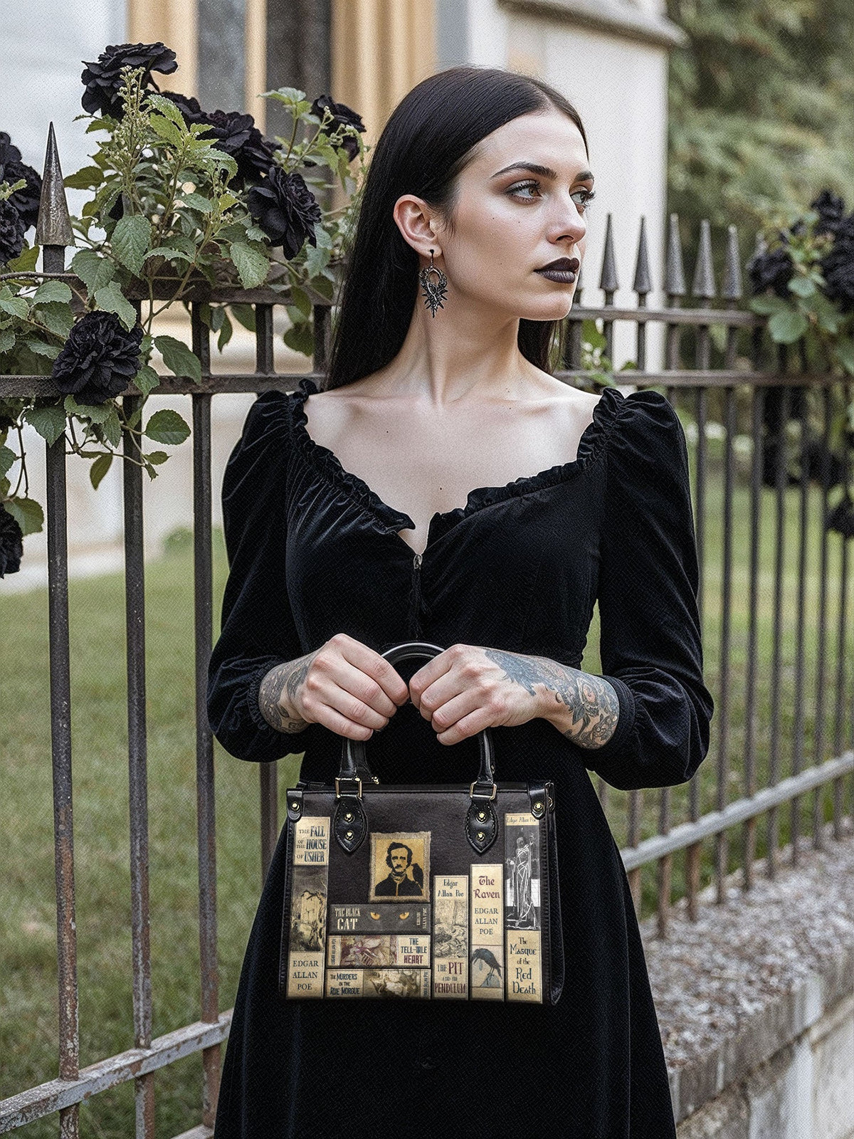 "Poe's Library" Ashen Black Small Leather Handbag