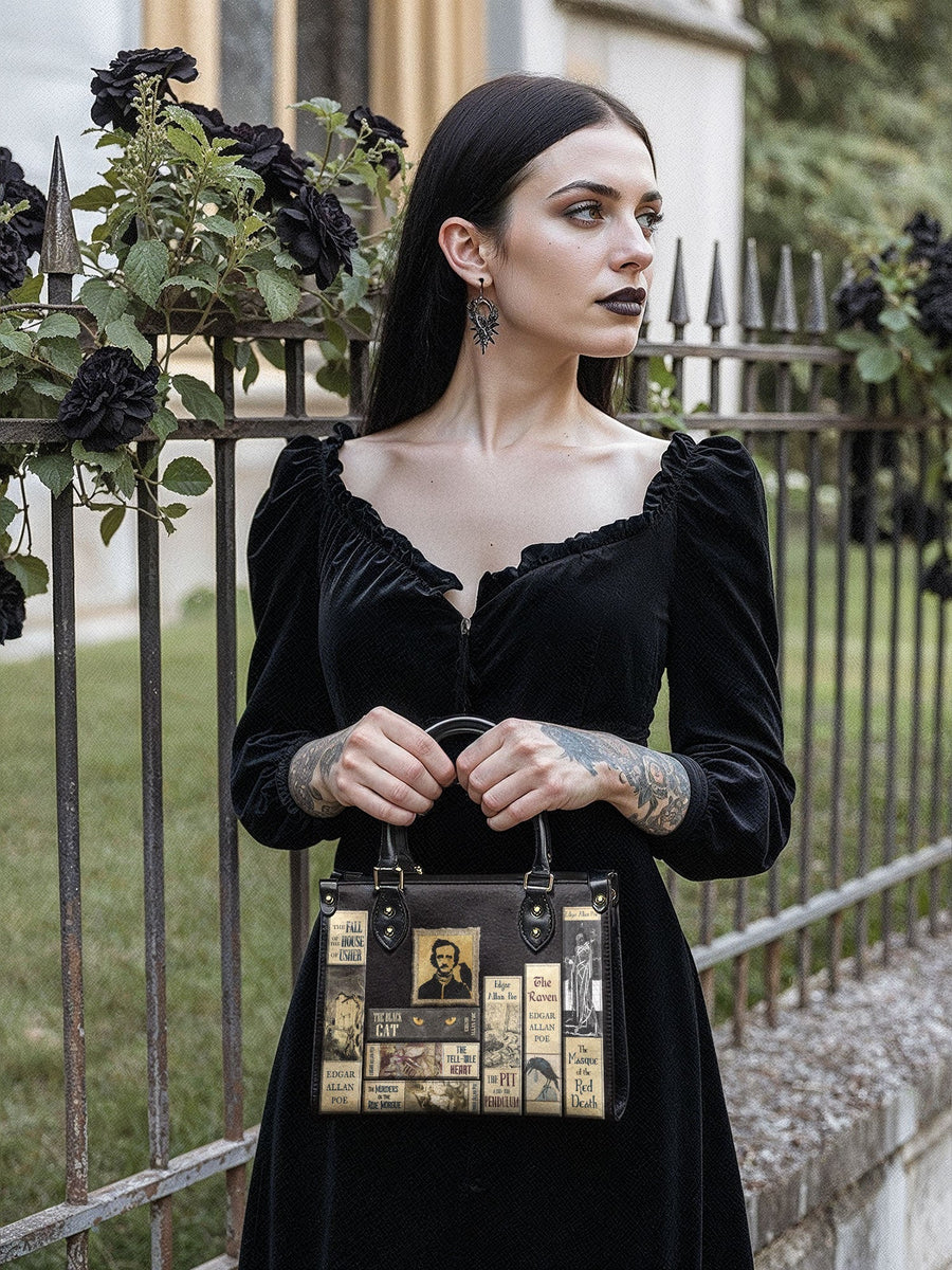 "Poe's Library" Ashen Black Small Leather Handbag