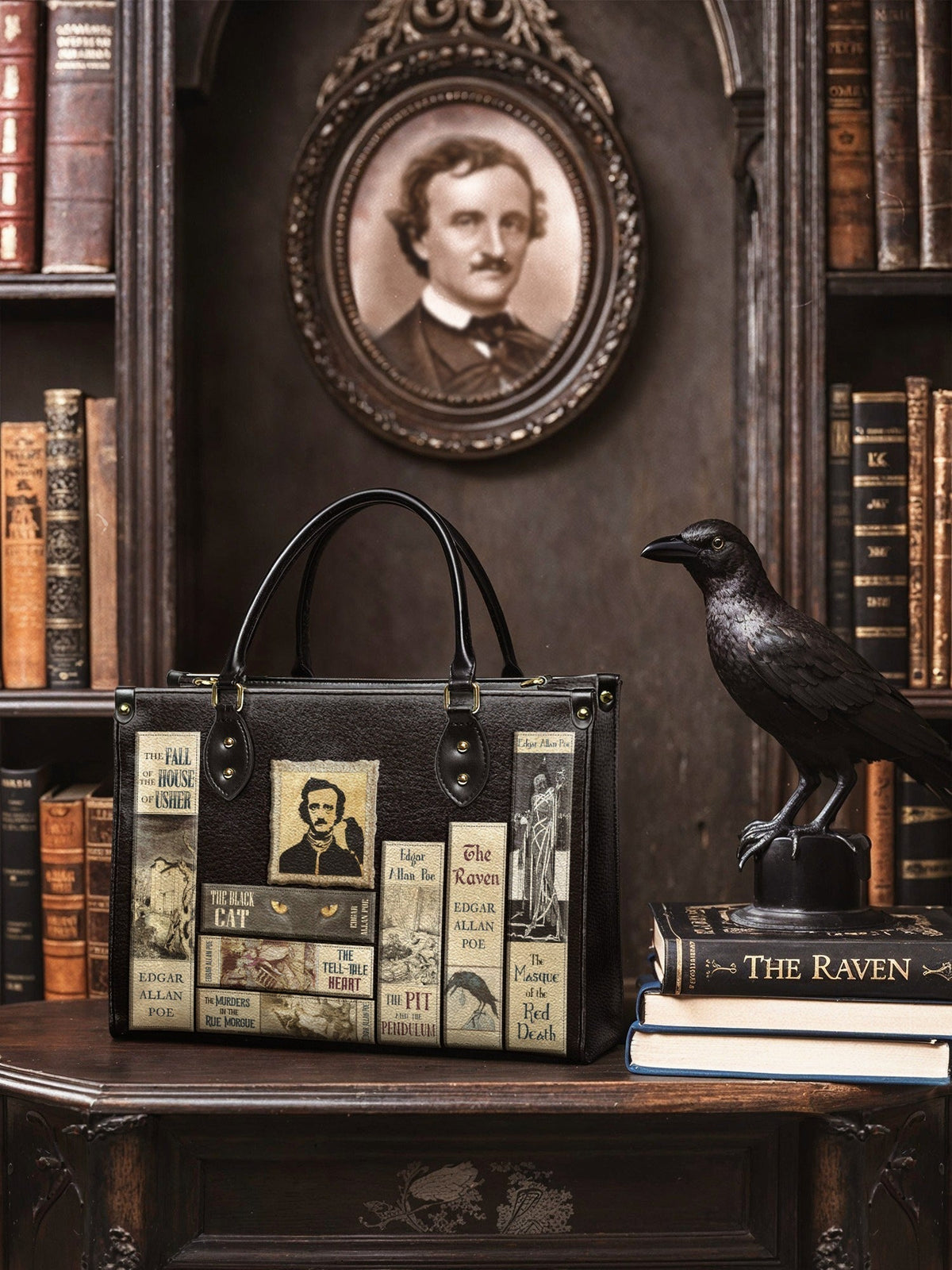 "Poe's Library" Ashen Black Leather Handbag