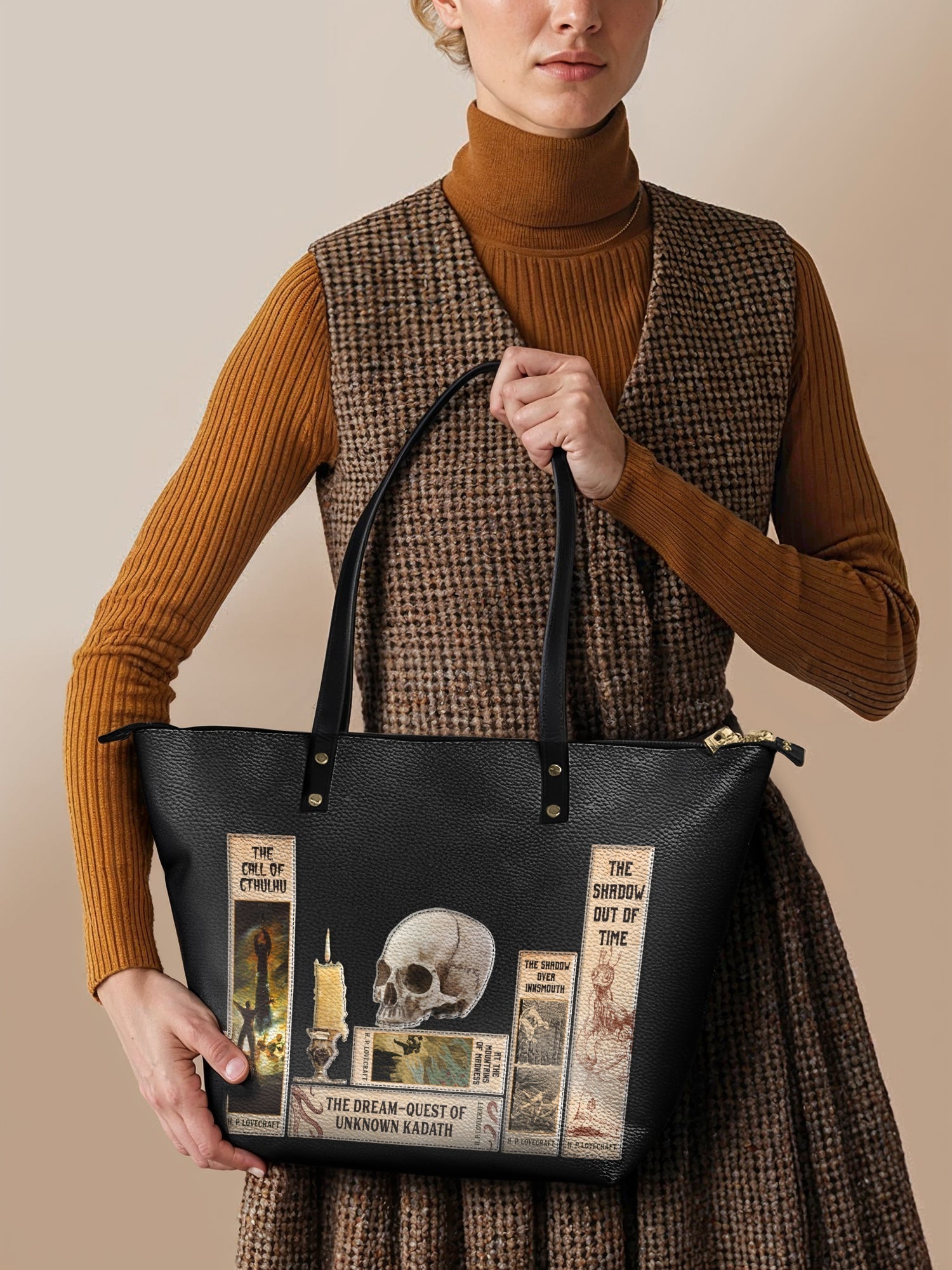 "Lovecraftian" Black Leather Tote Bag