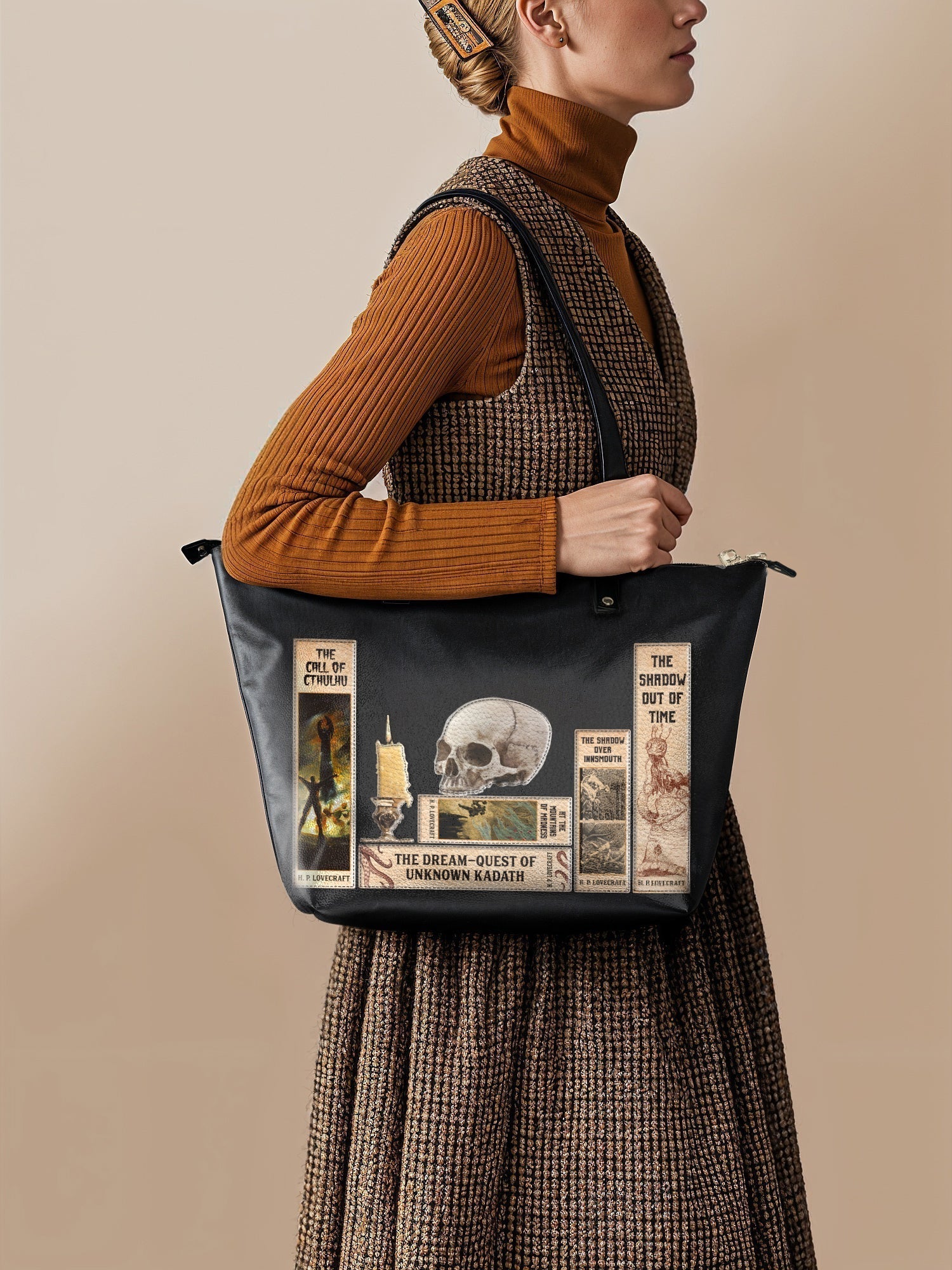 "Lovecraftian" Black Leather Tote Bag