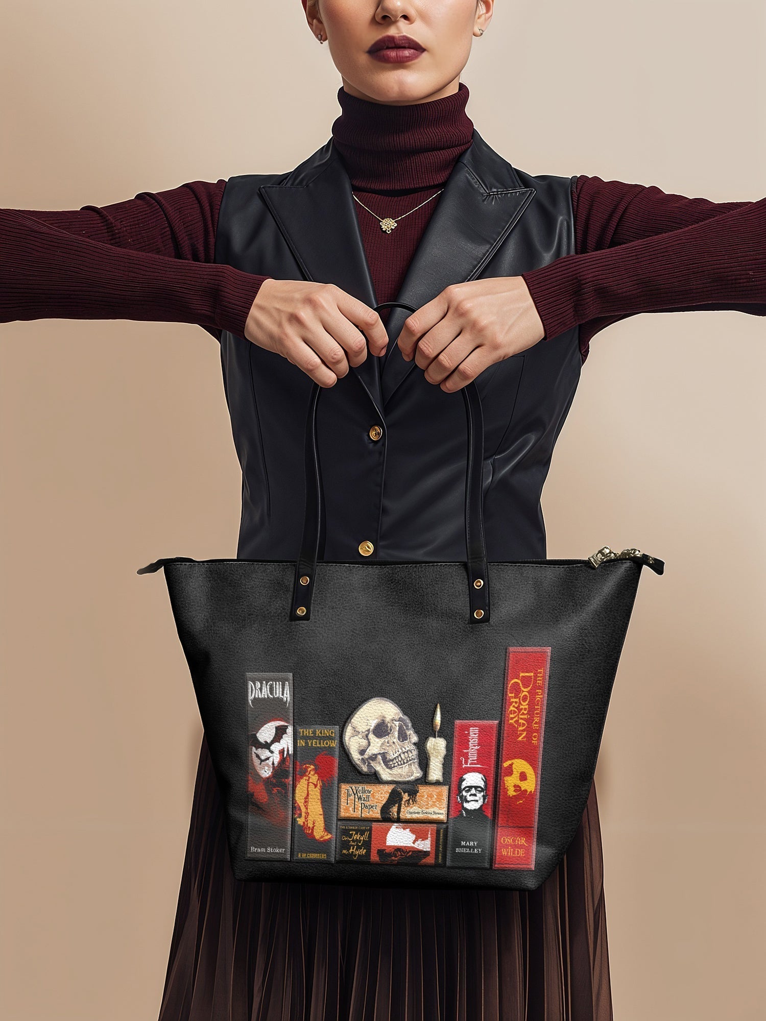 "The Codex of Gothic Tales" Deadlight Black Leather Tote Bag