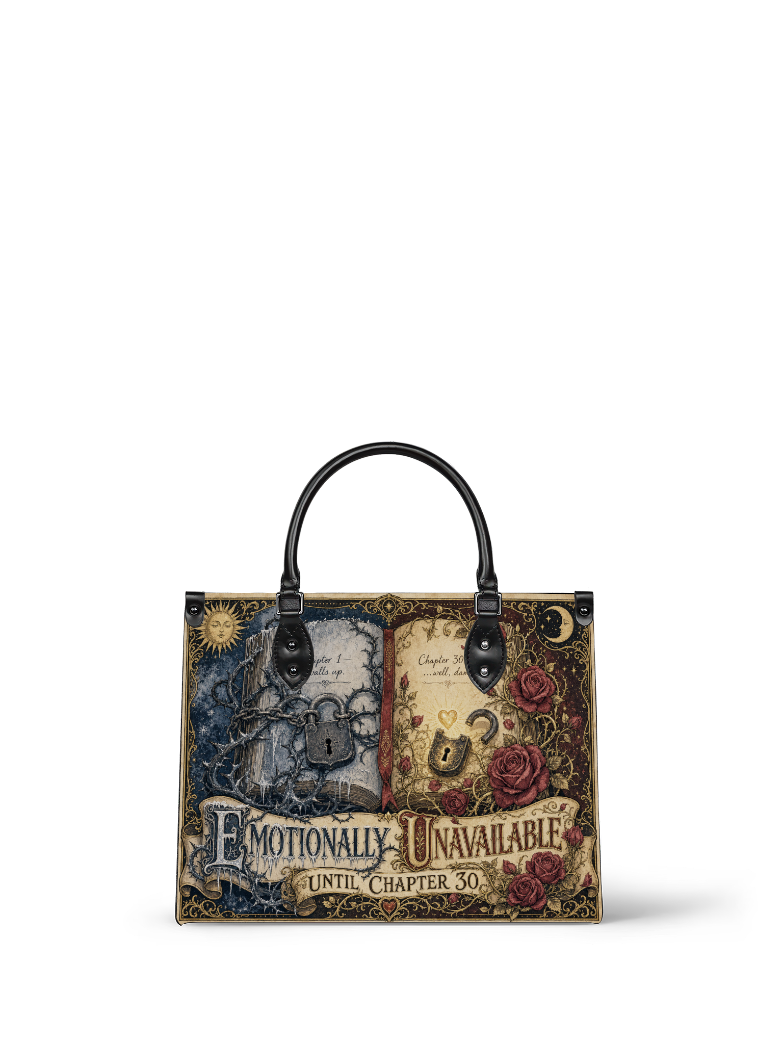 “Emotionally Unavailable Until Chapter 30” Locked-Heart Leather Handbag