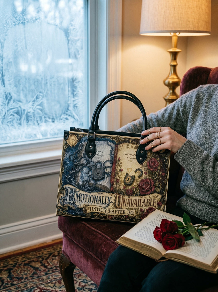 “Emotionally Unavailable Until Chapter 30” Locked-Heart Leather Handbag
