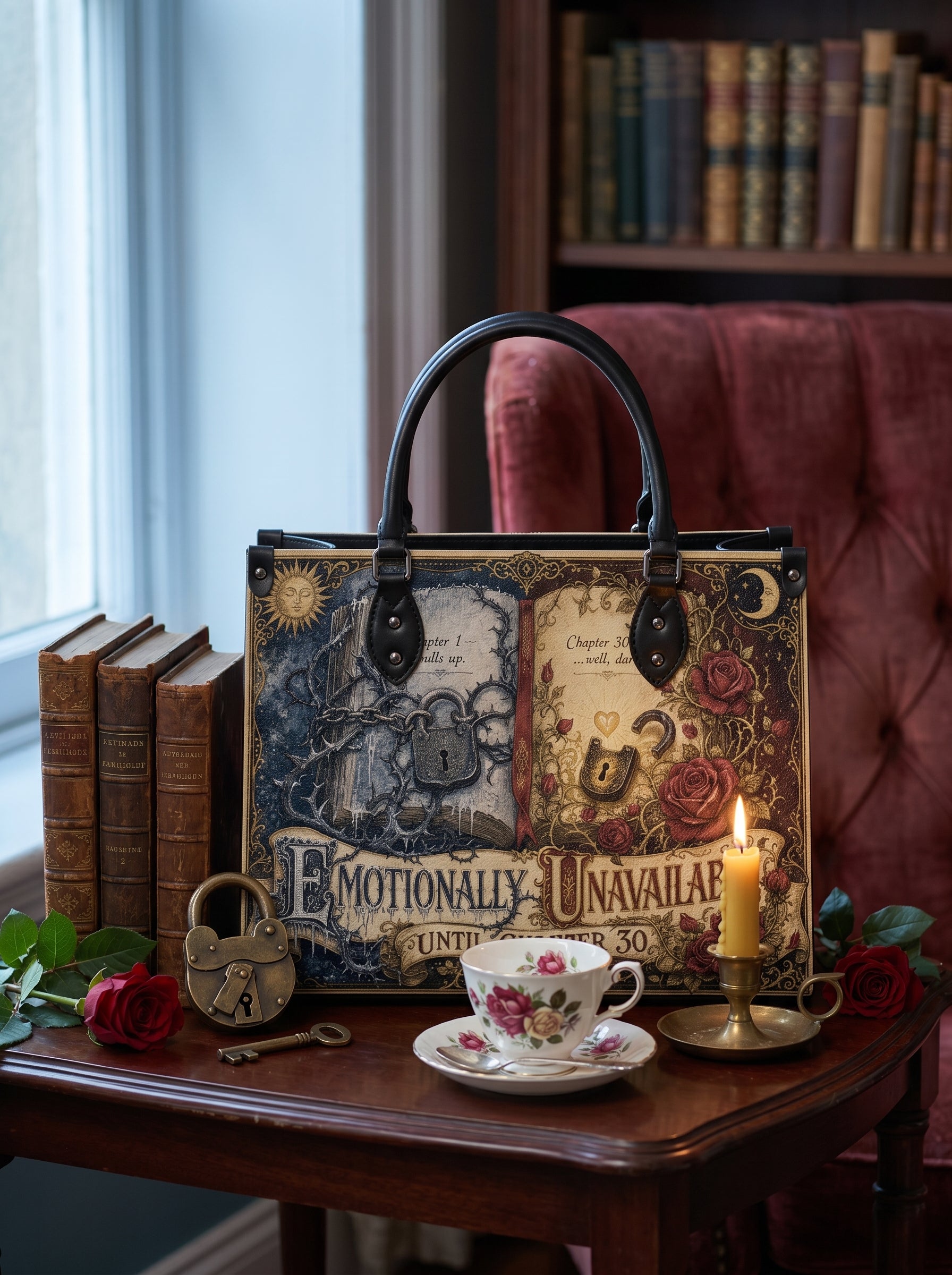 “Emotionally Unavailable Until Chapter 30” Locked-Heart Leather Handbag