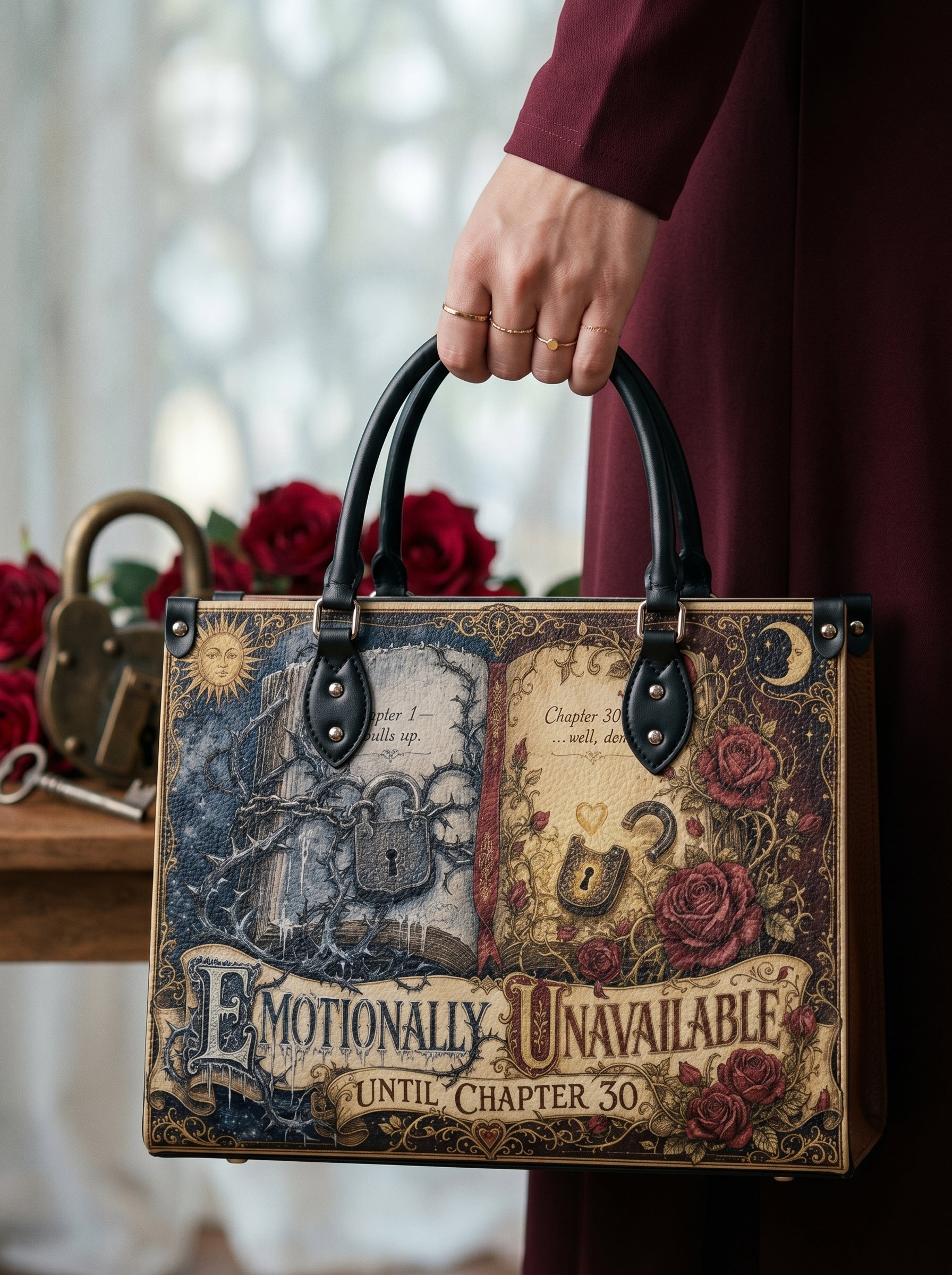 “Emotionally Unavailable Until Chapter 30” Locked-Heart Leather Handbag