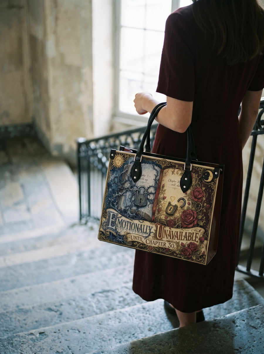 “Emotionally Unavailable Until Chapter 30” Locked-Heart Leather Handbag