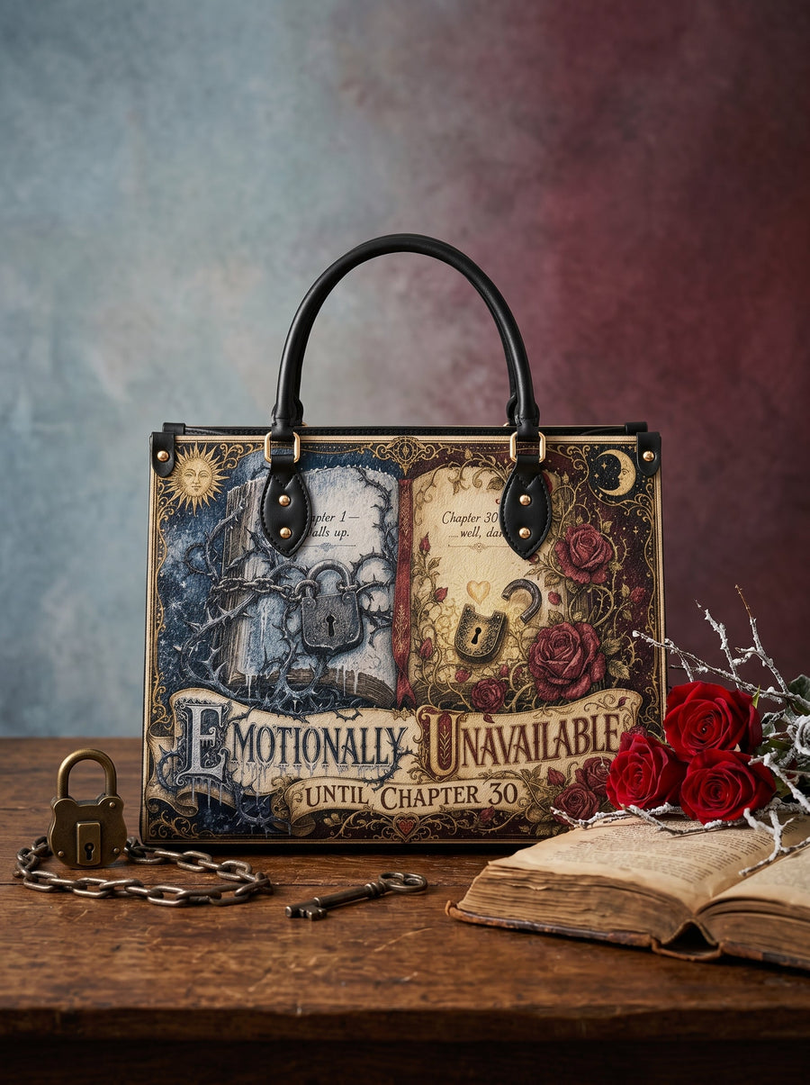 “Emotionally Unavailable Until Chapter 30” Locked-Heart Leather Handbag