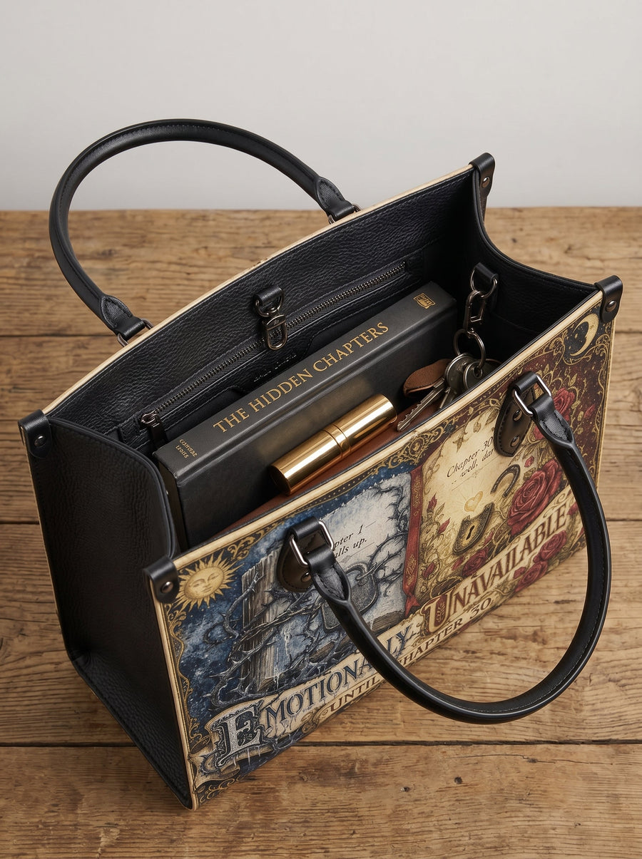 “Emotionally Unavailable Until Chapter 30” Locked-Heart Leather Handbag