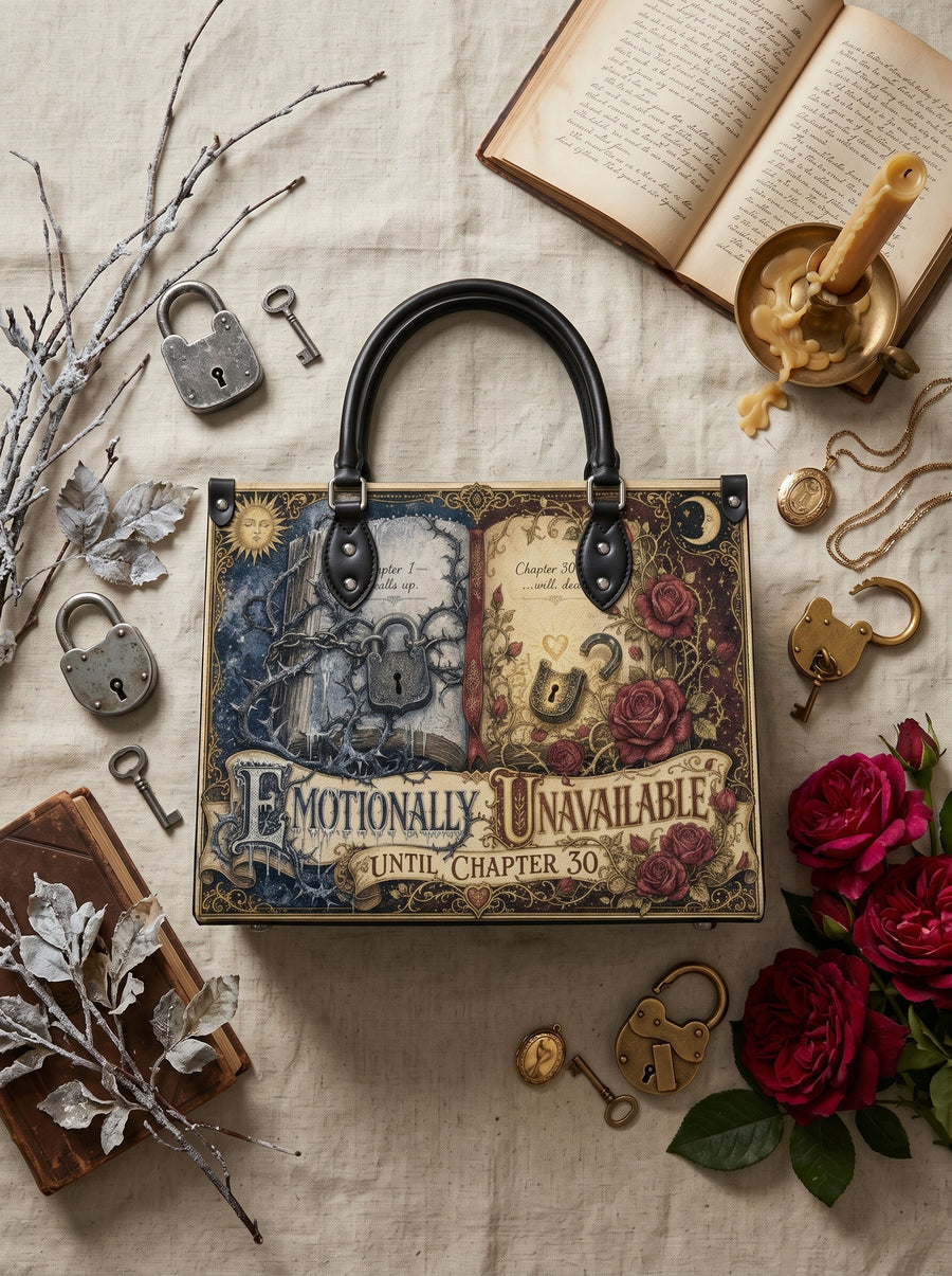 “Emotionally Unavailable Until Chapter 30” Locked-Heart Leather Handbag