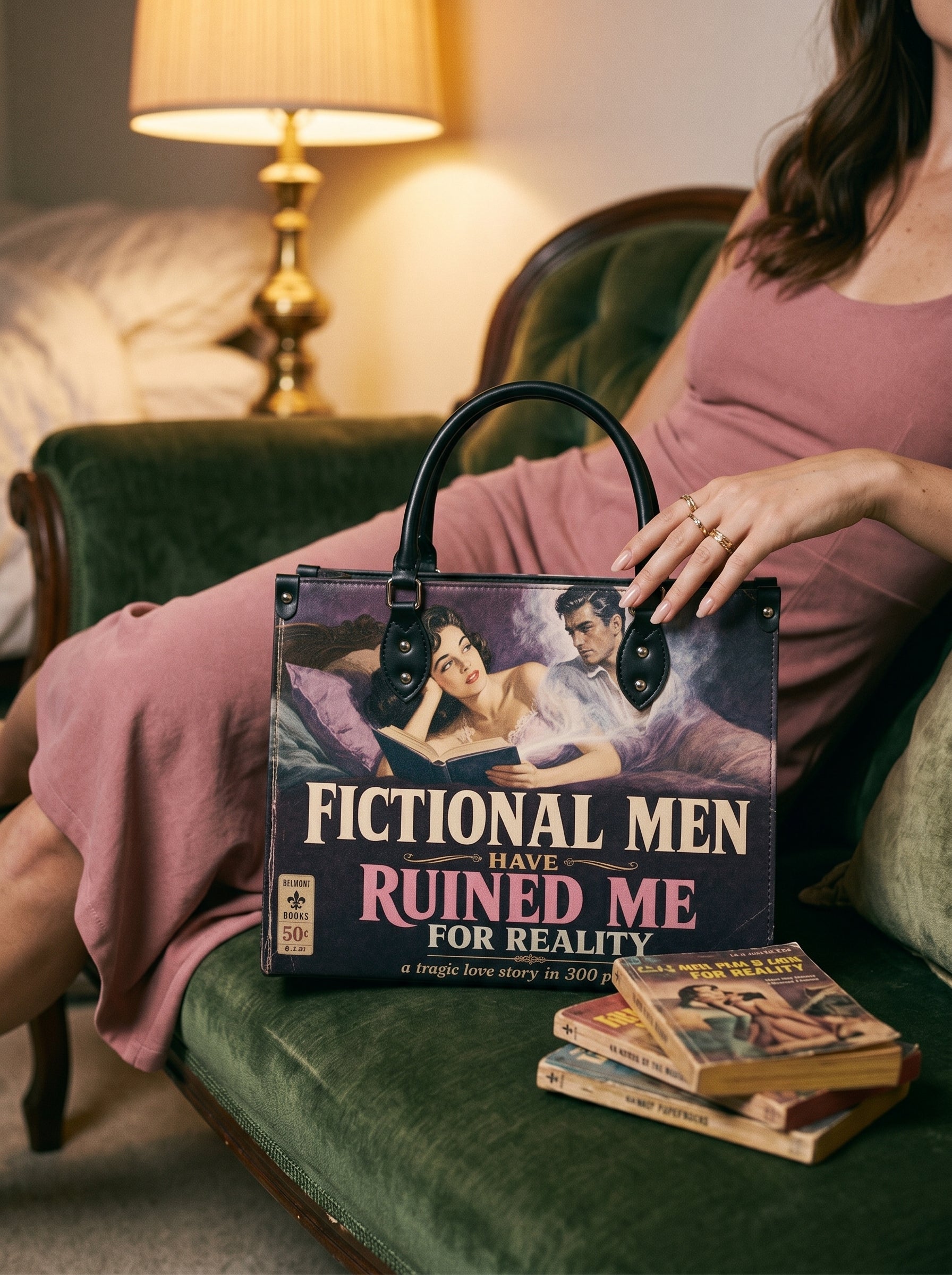 “Fictional Men Have Ruined Me for Reality” Pulp Confession Leather Handbag