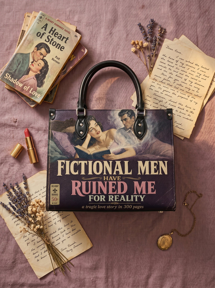 “Fictional Men Have Ruined Me for Reality” Pulp Confession Leather Handbag