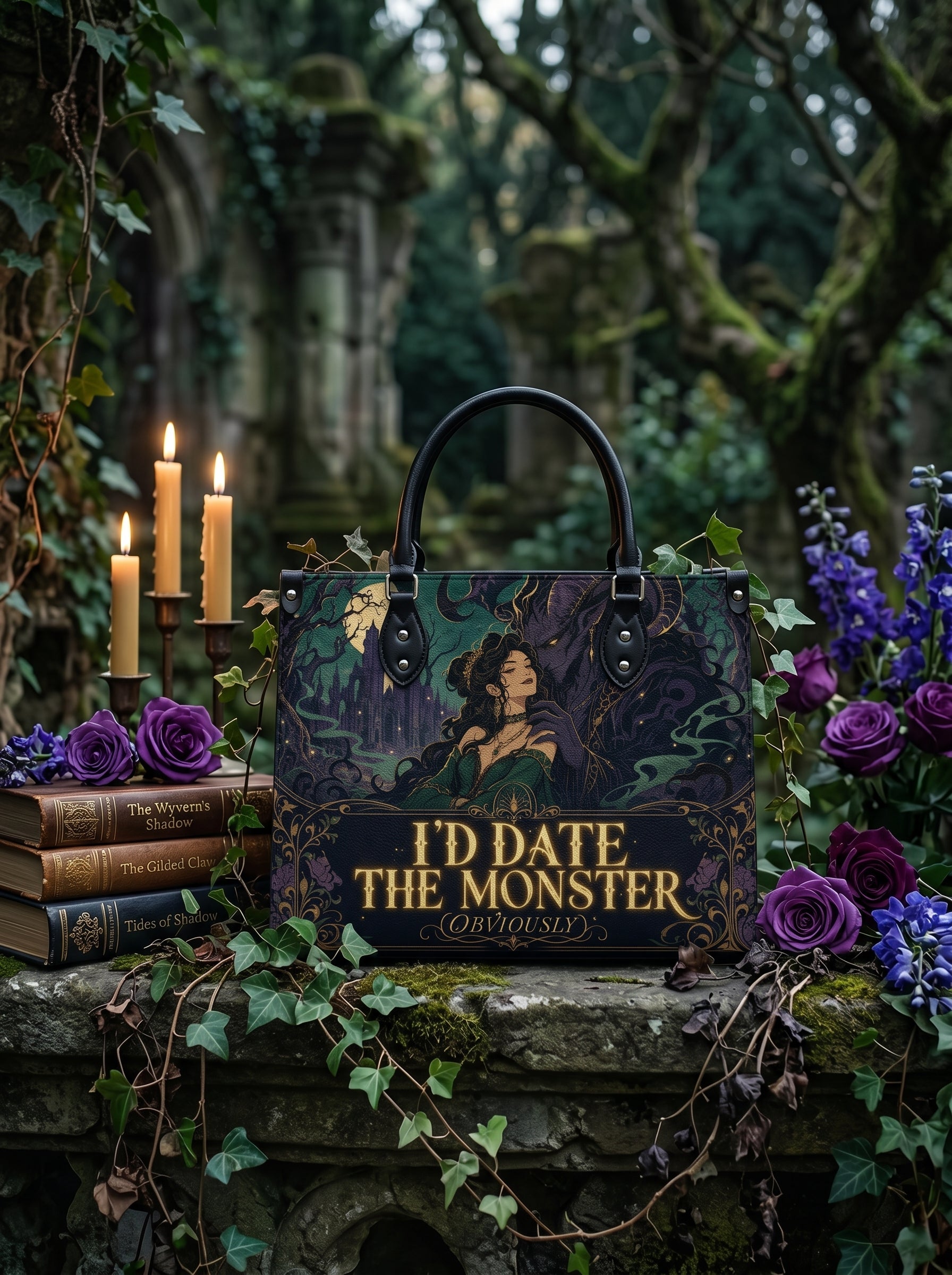 “I’d Date the Monster (Obviously)” Thorned Garden Leather Handbag