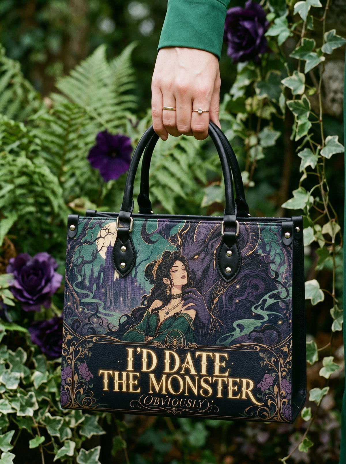 “I’d Date the Monster (Obviously)” Thorned Garden Leather Handbag