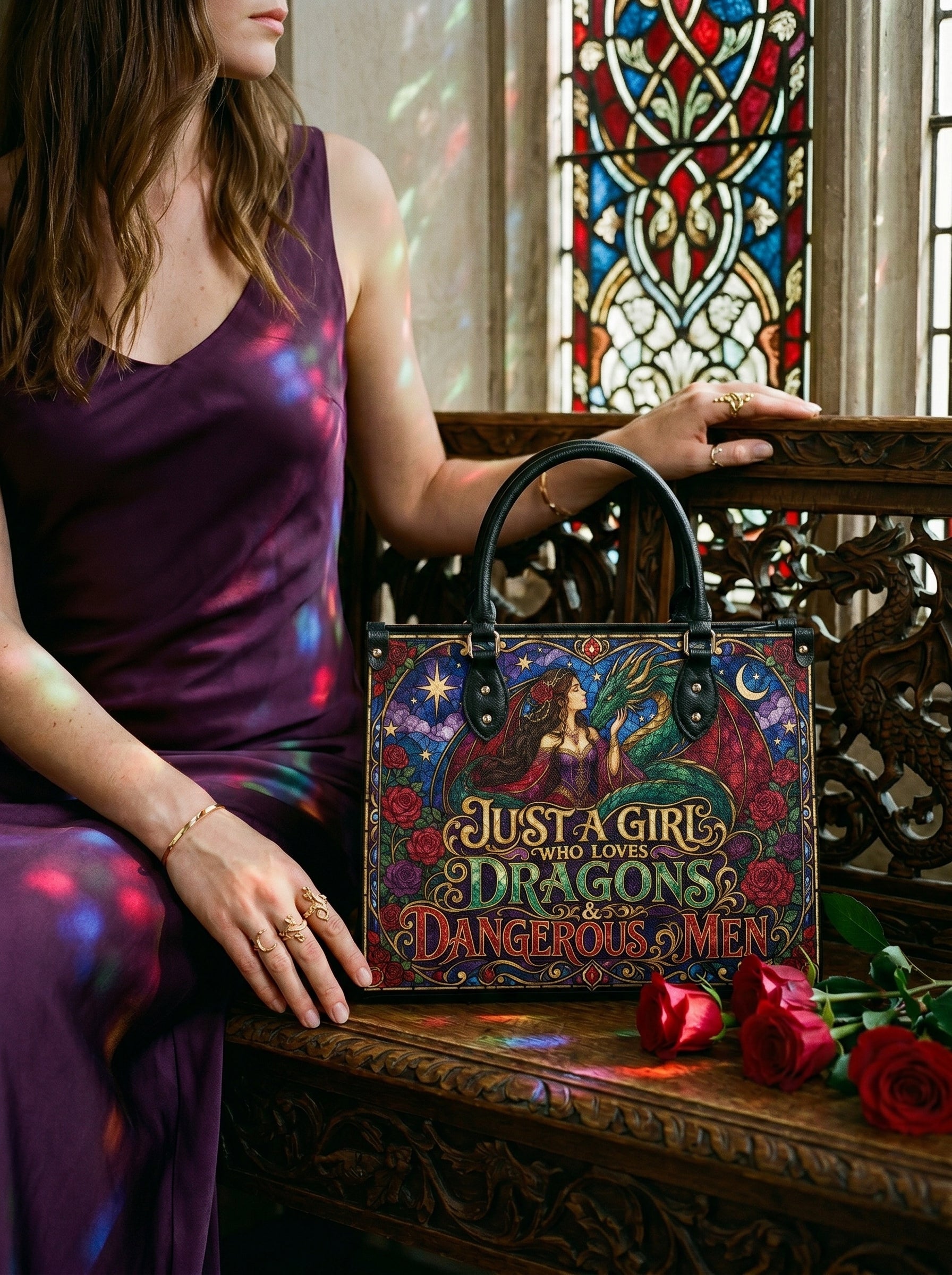 “Just a Girl Who Loves Dragons & Dangerous Men” Stained-Glass Leather Handbag