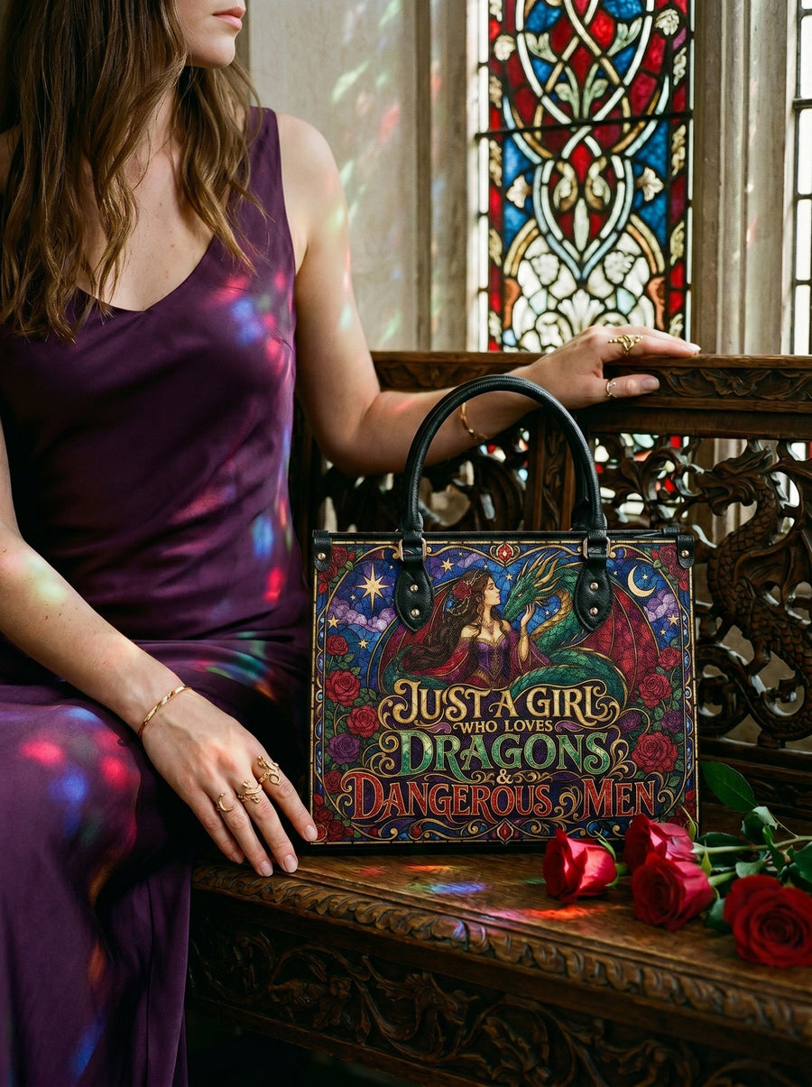“Just a Girl Who Loves Dragons & Dangerous Men” Stained-Glass Leather Handbag