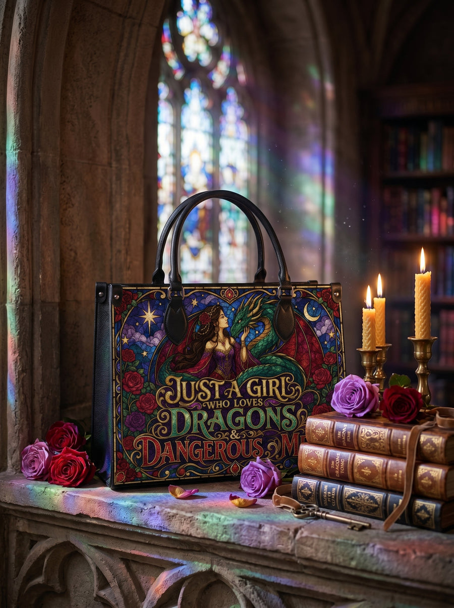 “Just a Girl Who Loves Dragons & Dangerous Men” Stained-Glass Leather Handbag