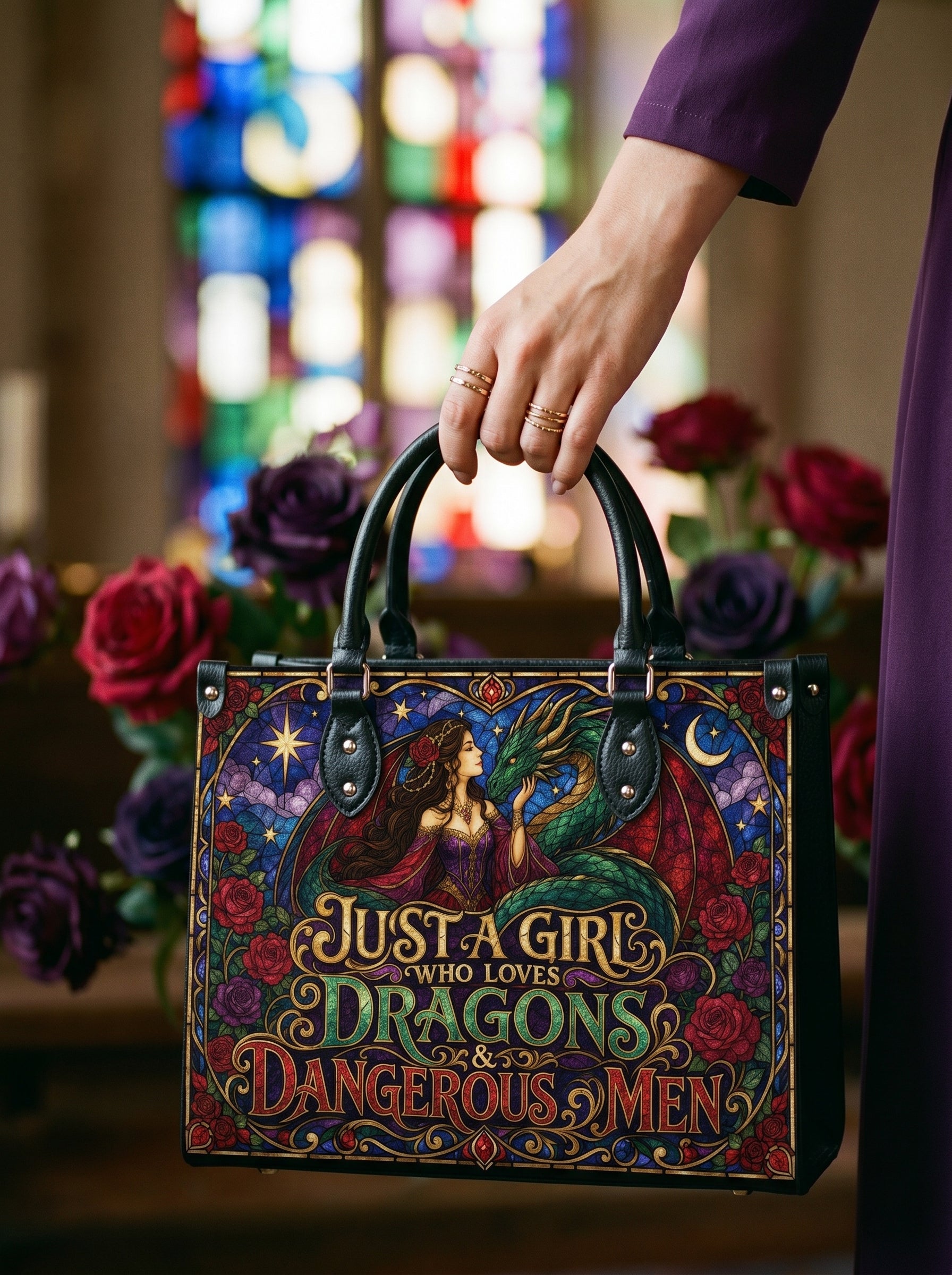 “Just a Girl Who Loves Dragons & Dangerous Men” Stained-Glass Leather Handbag