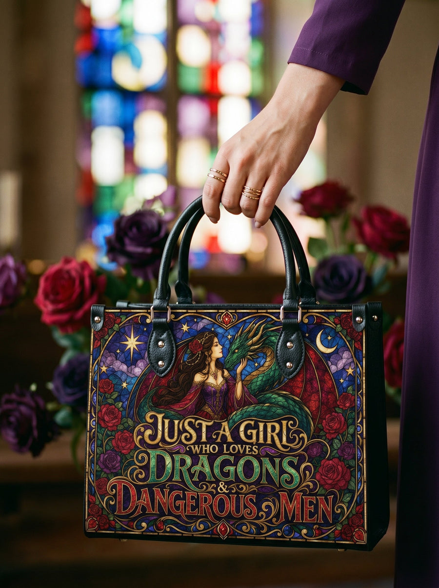 “Just a Girl Who Loves Dragons & Dangerous Men” Stained-Glass Leather Handbag