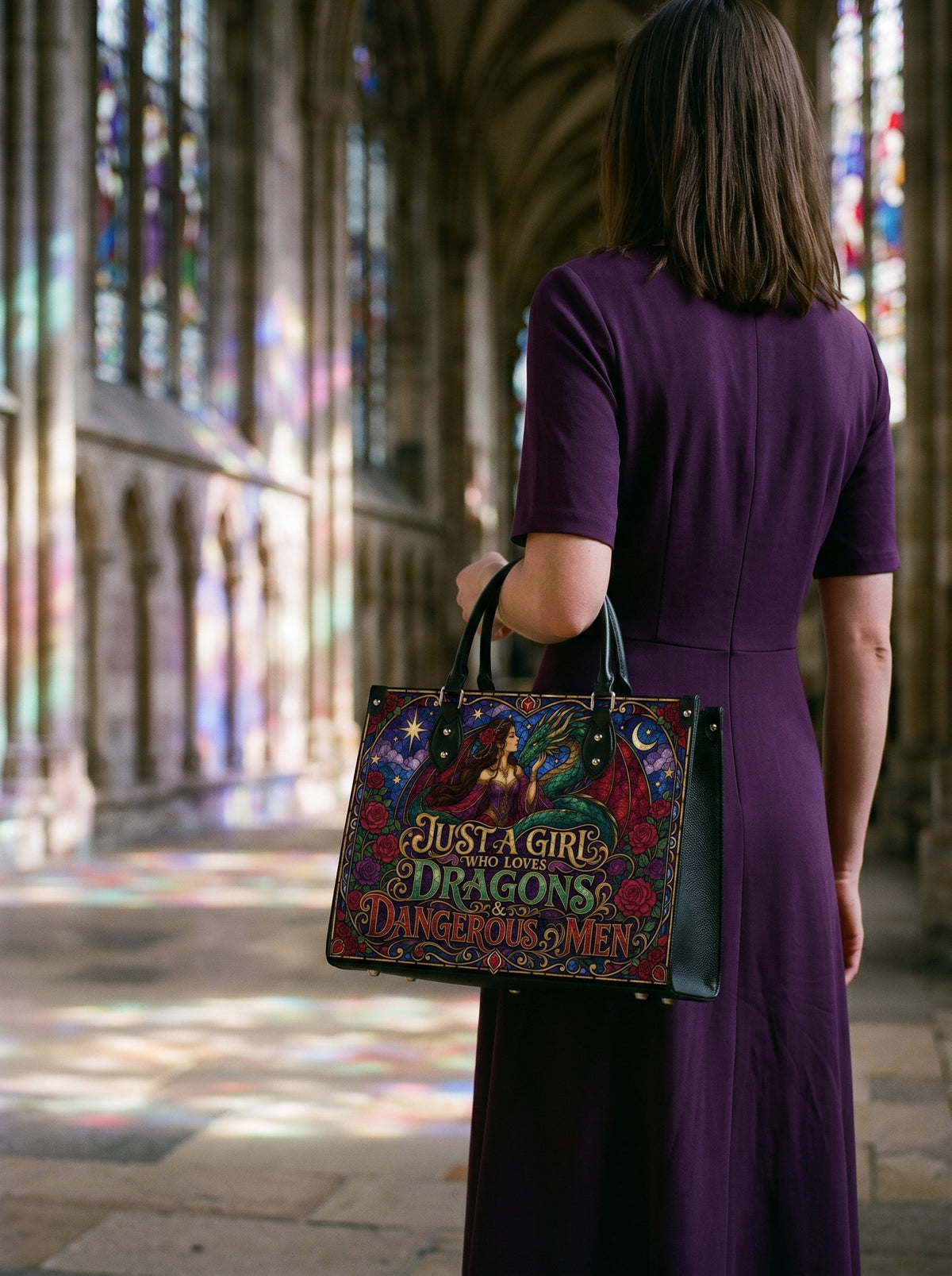 “Just a Girl Who Loves Dragons & Dangerous Men” Stained-Glass Leather Handbag