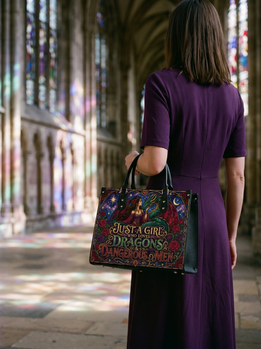 “Just a Girl Who Loves Dragons & Dangerous Men” Stained-Glass Leather Handbag