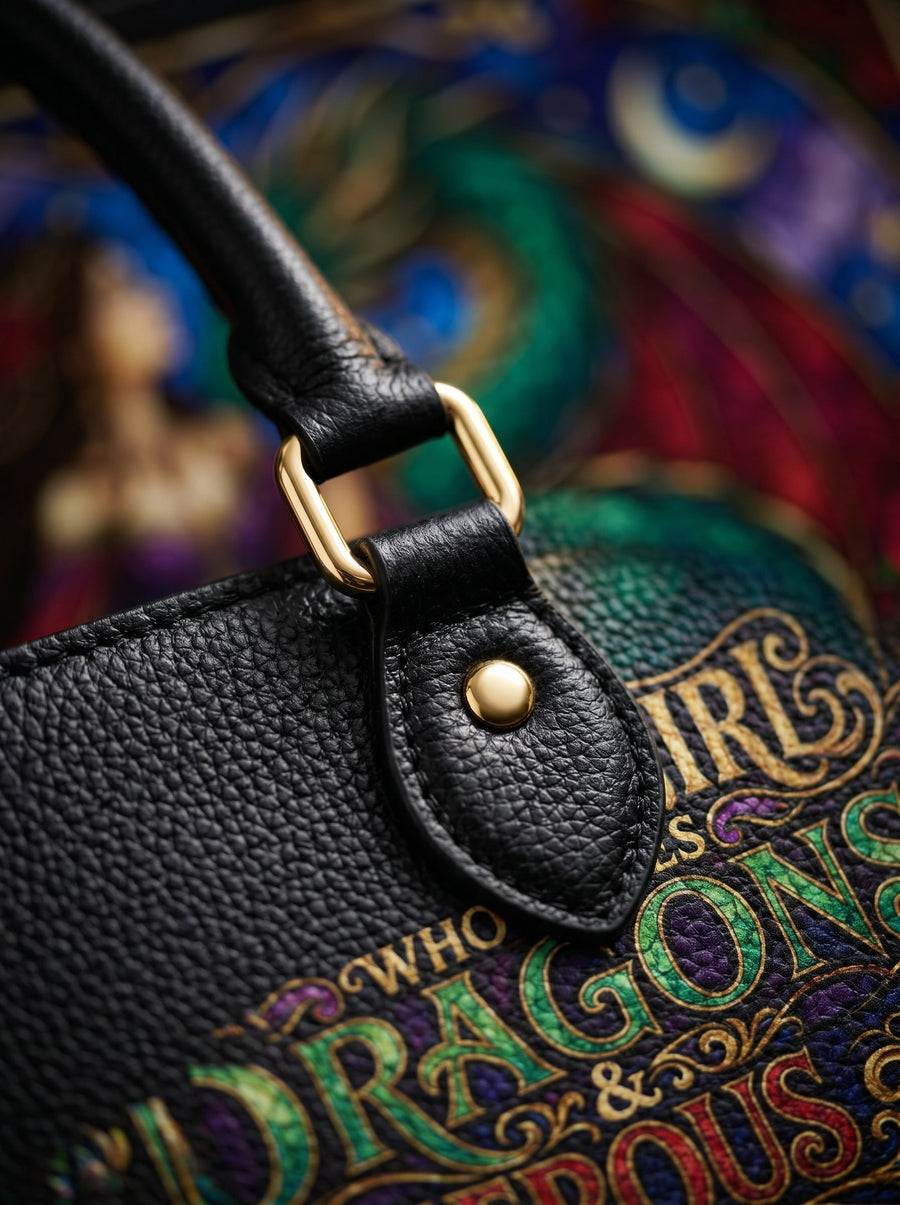 “Just a Girl Who Loves Dragons & Dangerous Men” Stained-Glass Leather Handbag