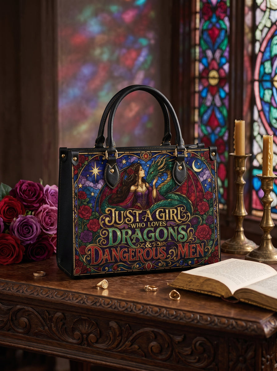 “Just a Girl Who Loves Dragons & Dangerous Men” Stained-Glass Leather Handbag