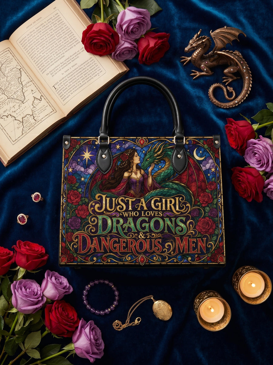 “Just a Girl Who Loves Dragons & Dangerous Men” Stained-Glass Leather Handbag