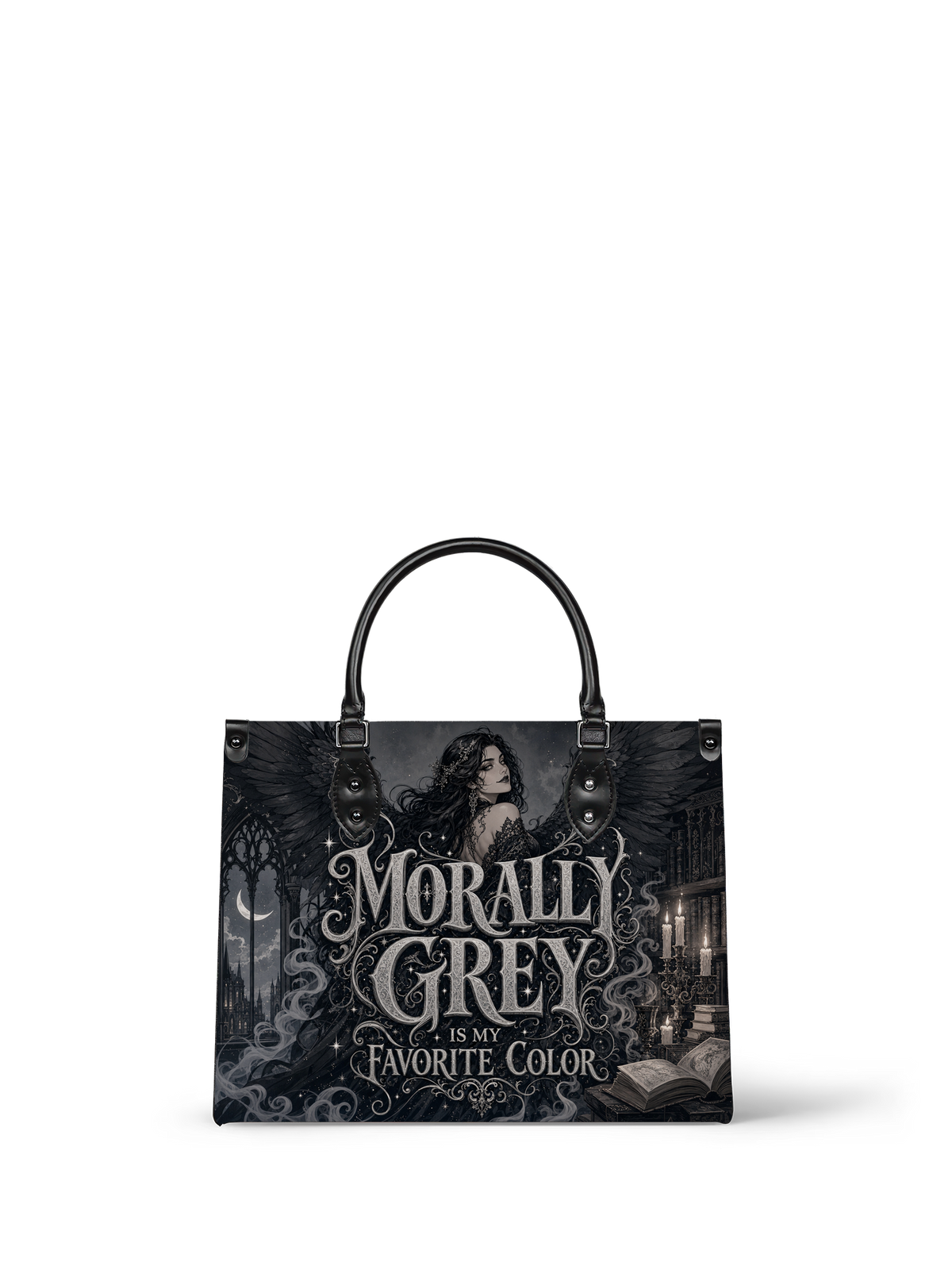 “Morally Grey Is My Favorite Color” Raven-Wing Leather Handbag