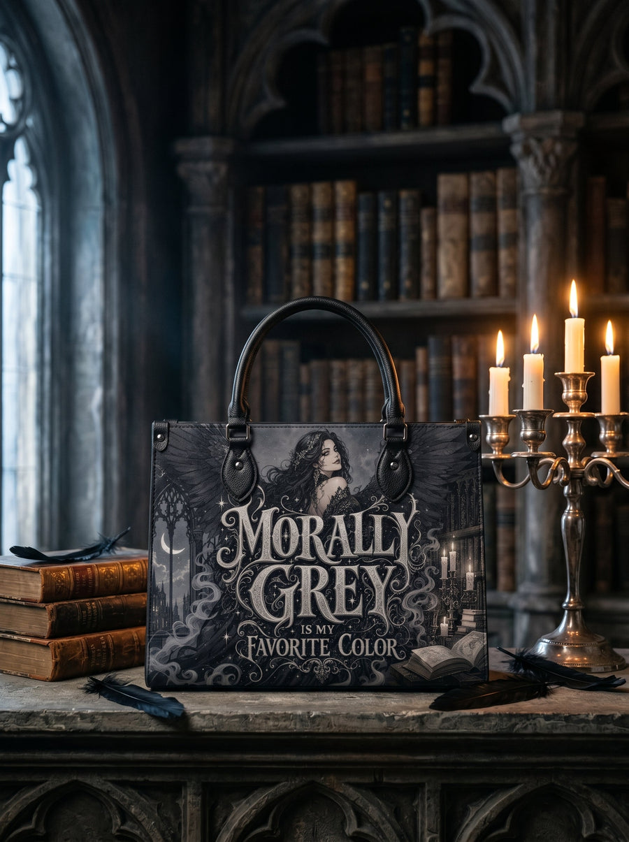 “Morally Grey Is My Favorite Color” Raven-Wing Leather Handbag