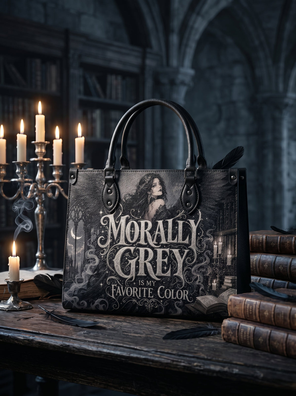 “Morally Grey Is My Favorite Color” Raven-Wing Leather Handbag