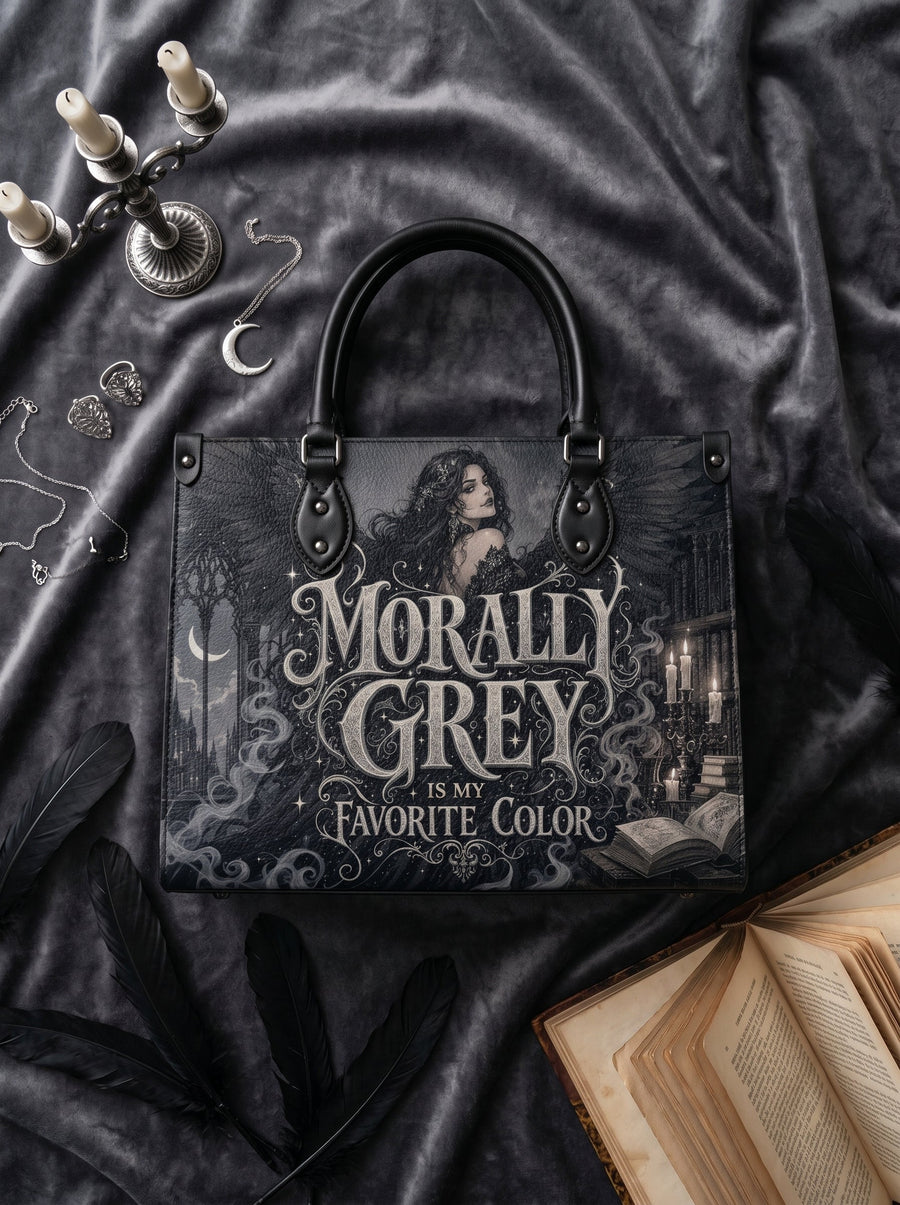 “Morally Grey Is My Favorite Color” Raven-Wing Leather Handbag