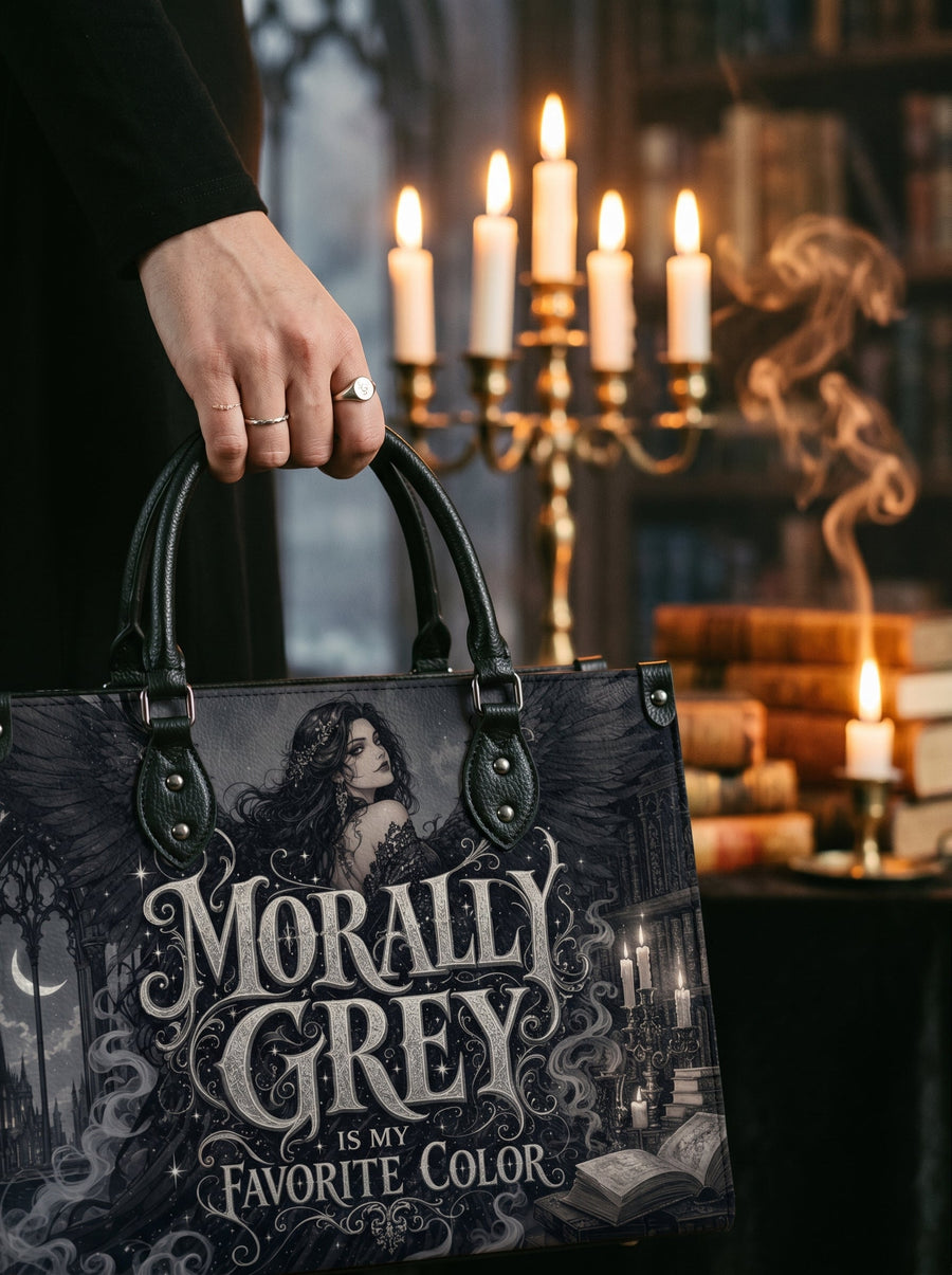 “Morally Grey Is My Favorite Color” Raven-Wing Leather Handbag