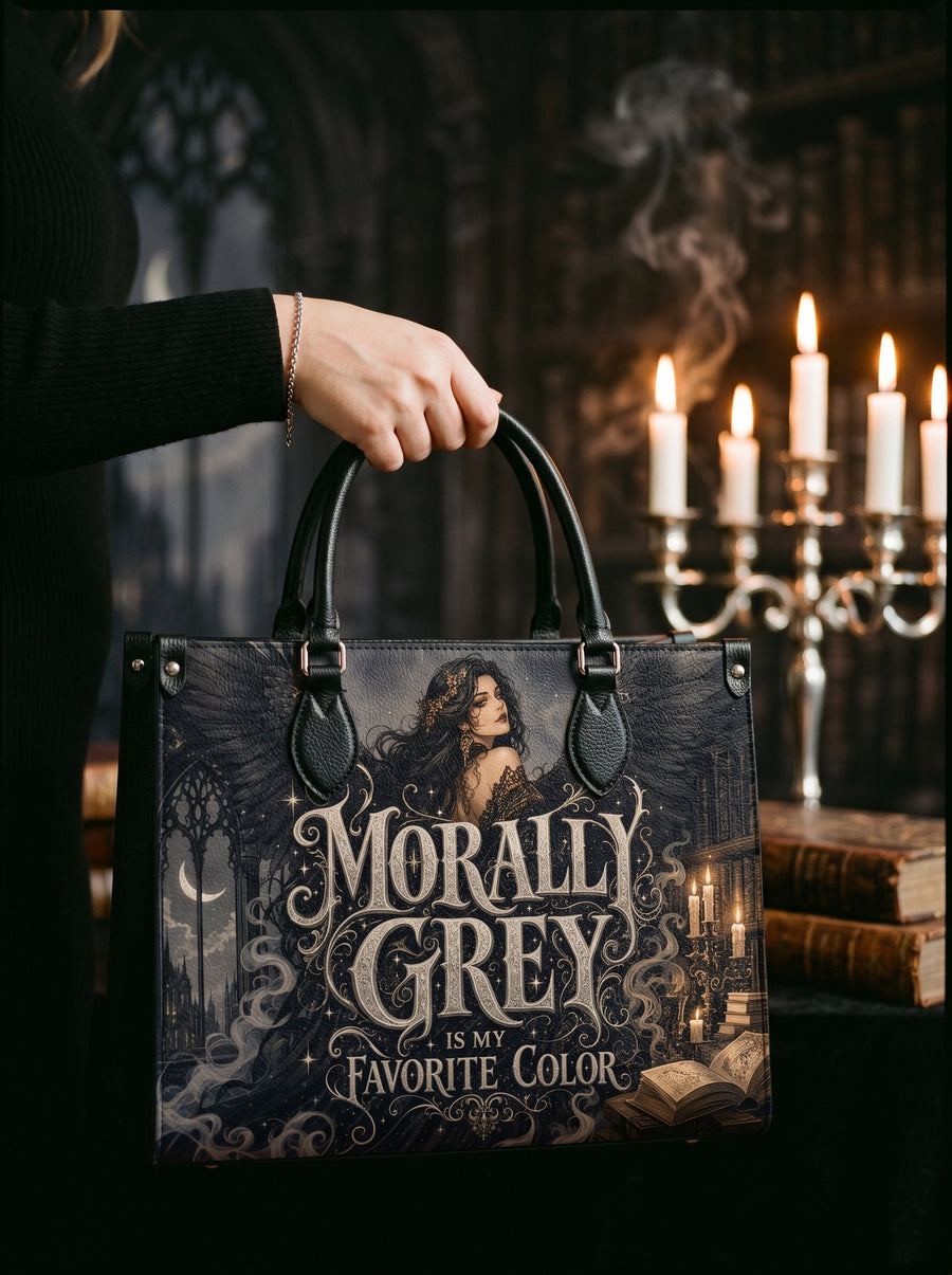 “Morally Grey Is My Favorite Color” Raven-Wing Leather Handbag