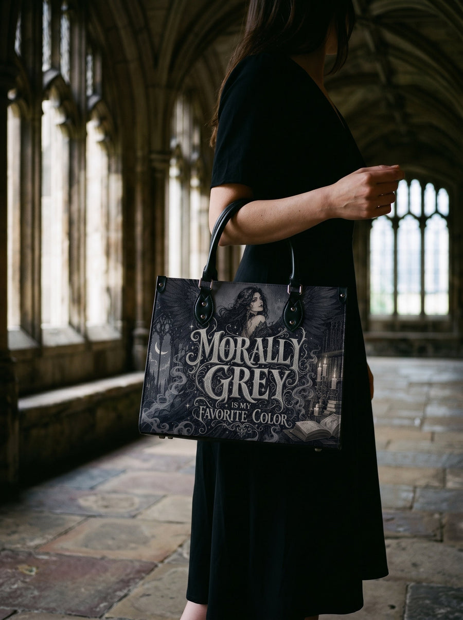 “Morally Grey Is My Favorite Color” Raven-Wing Leather Handbag