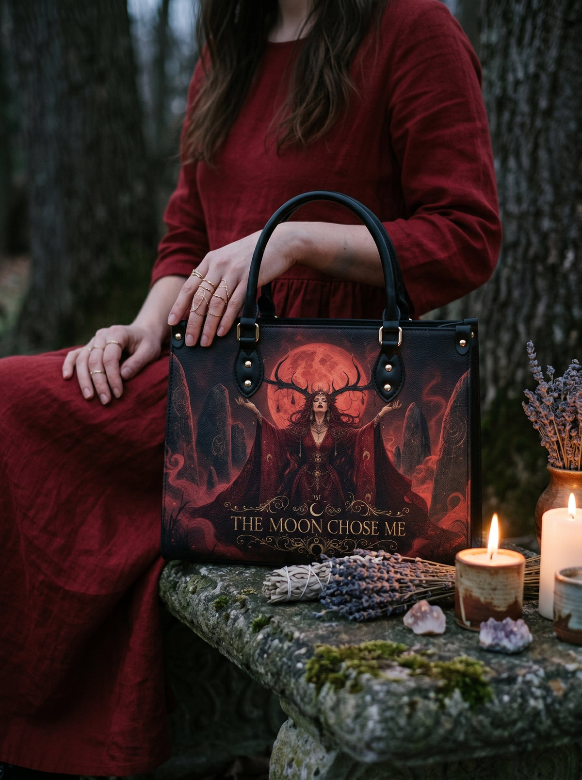 “The Moon Chose Me” Antlered Witch Leather Handbag